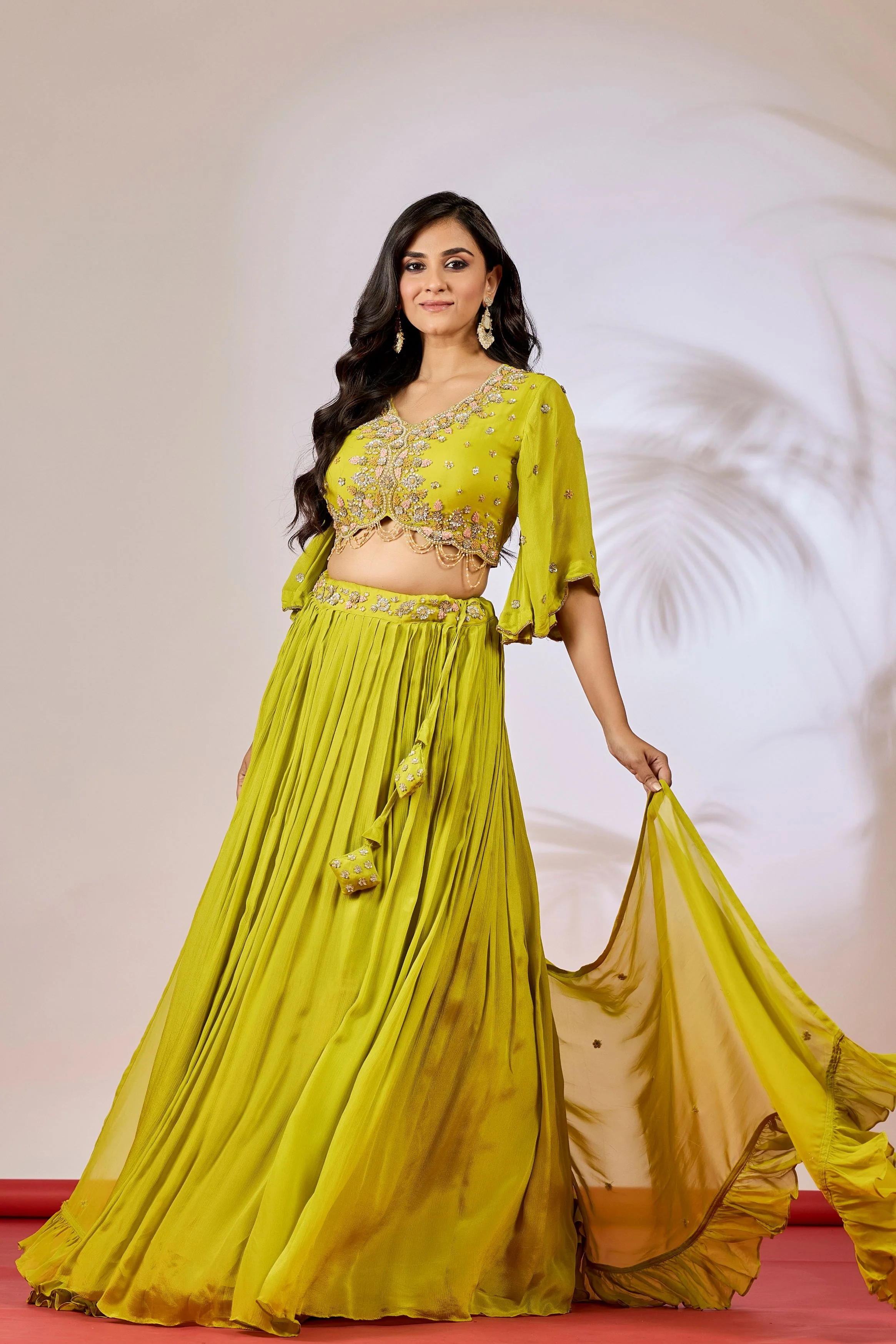 Pear Green Embellished Chinon Silk Lehenga Set - Image 5