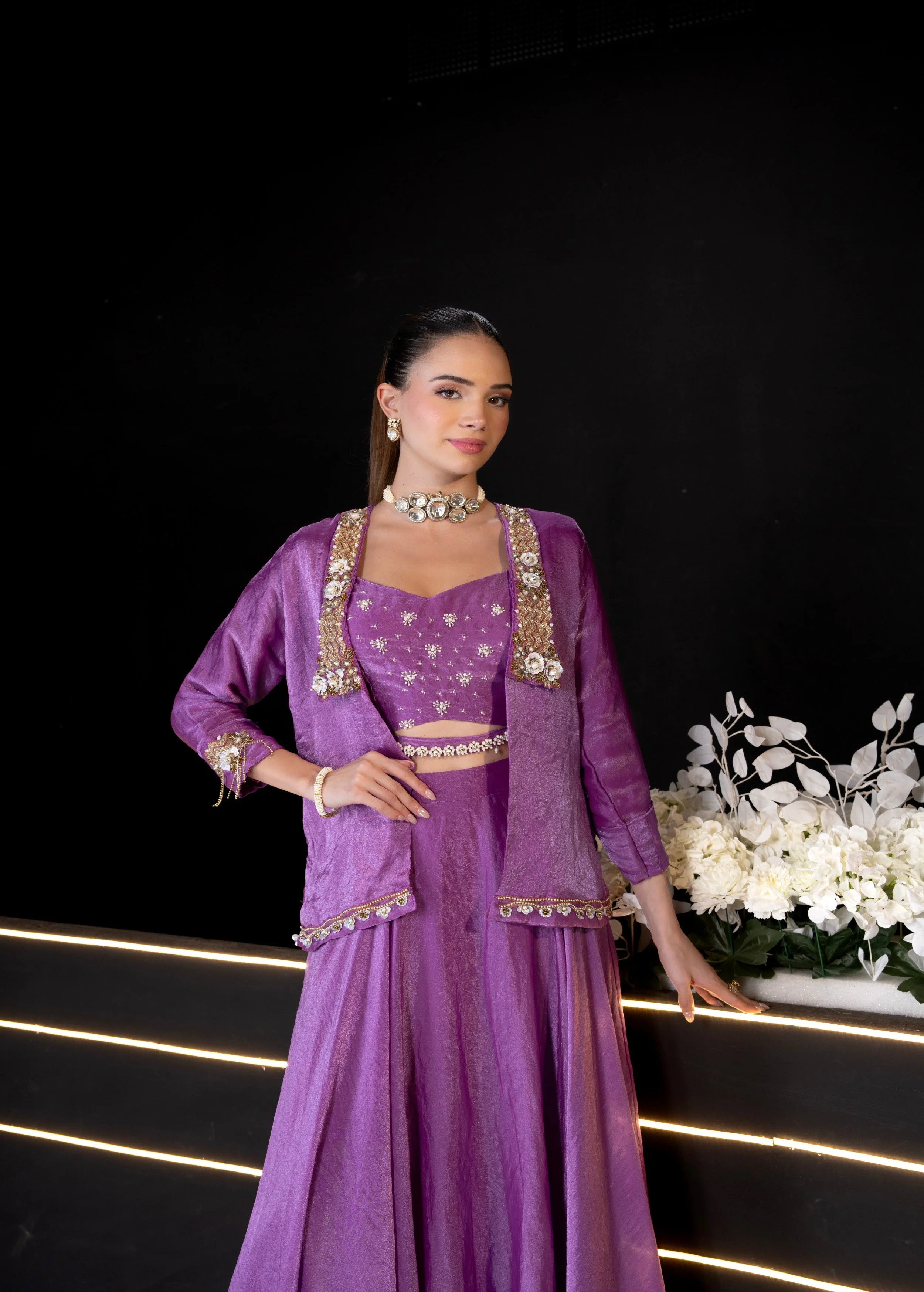 Mauve Embellished Shimmer Silk Jacket Set - Image 2