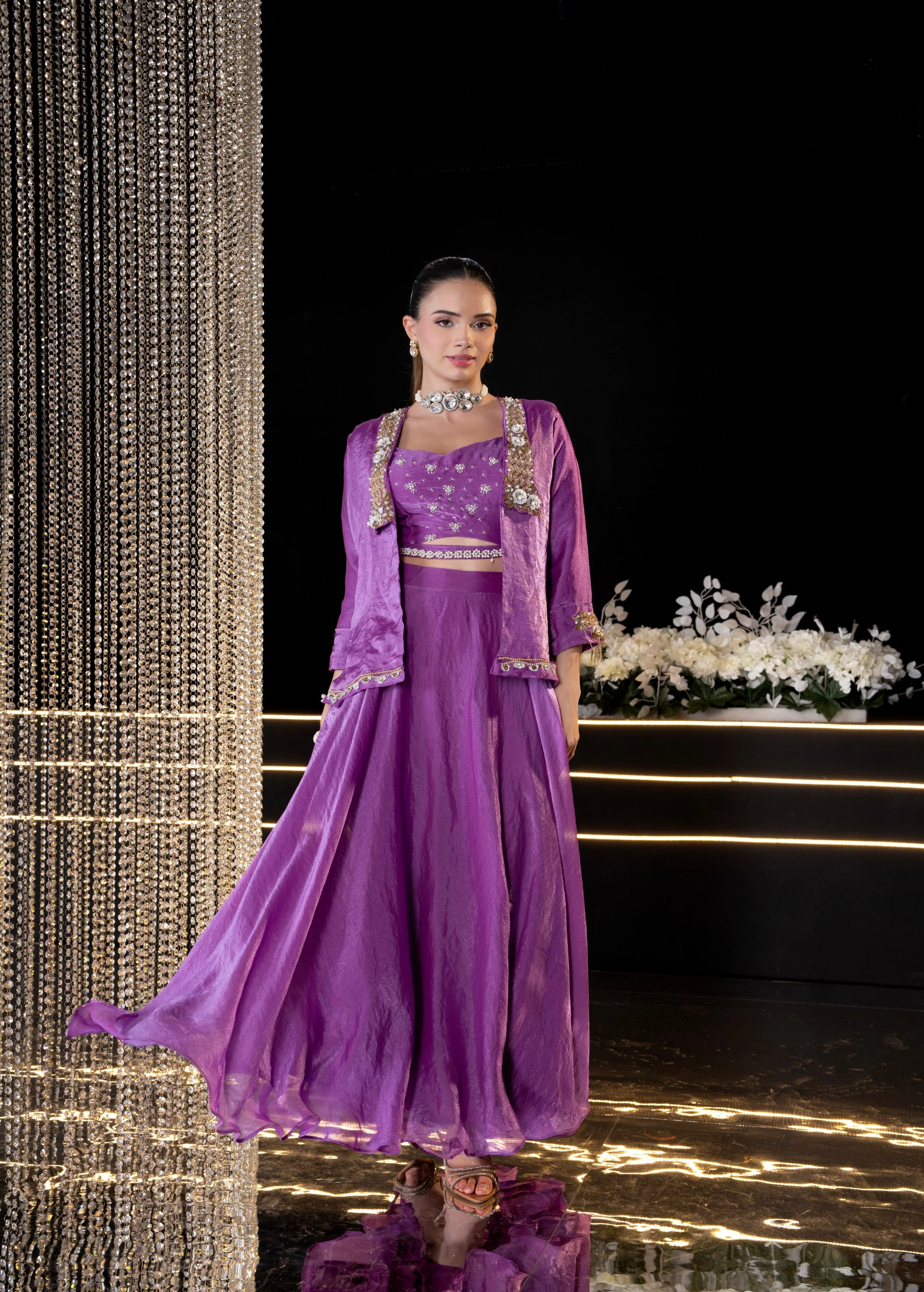 Mauve Embellished Shimmer Silk Jacket Set - Image 3