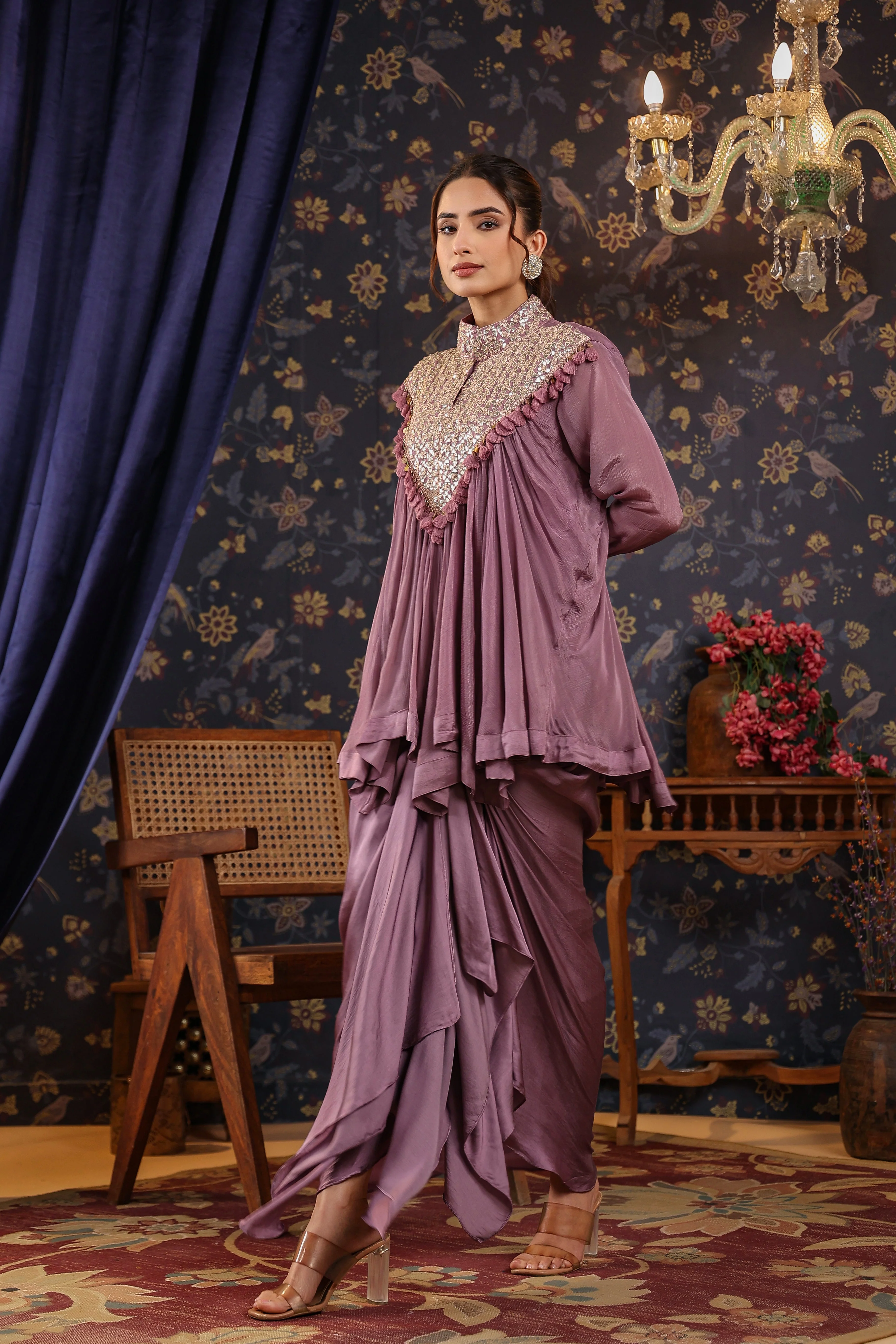 Mauve Gota Embroidered Chinon Silk Draped Skirt & Top - Image 3