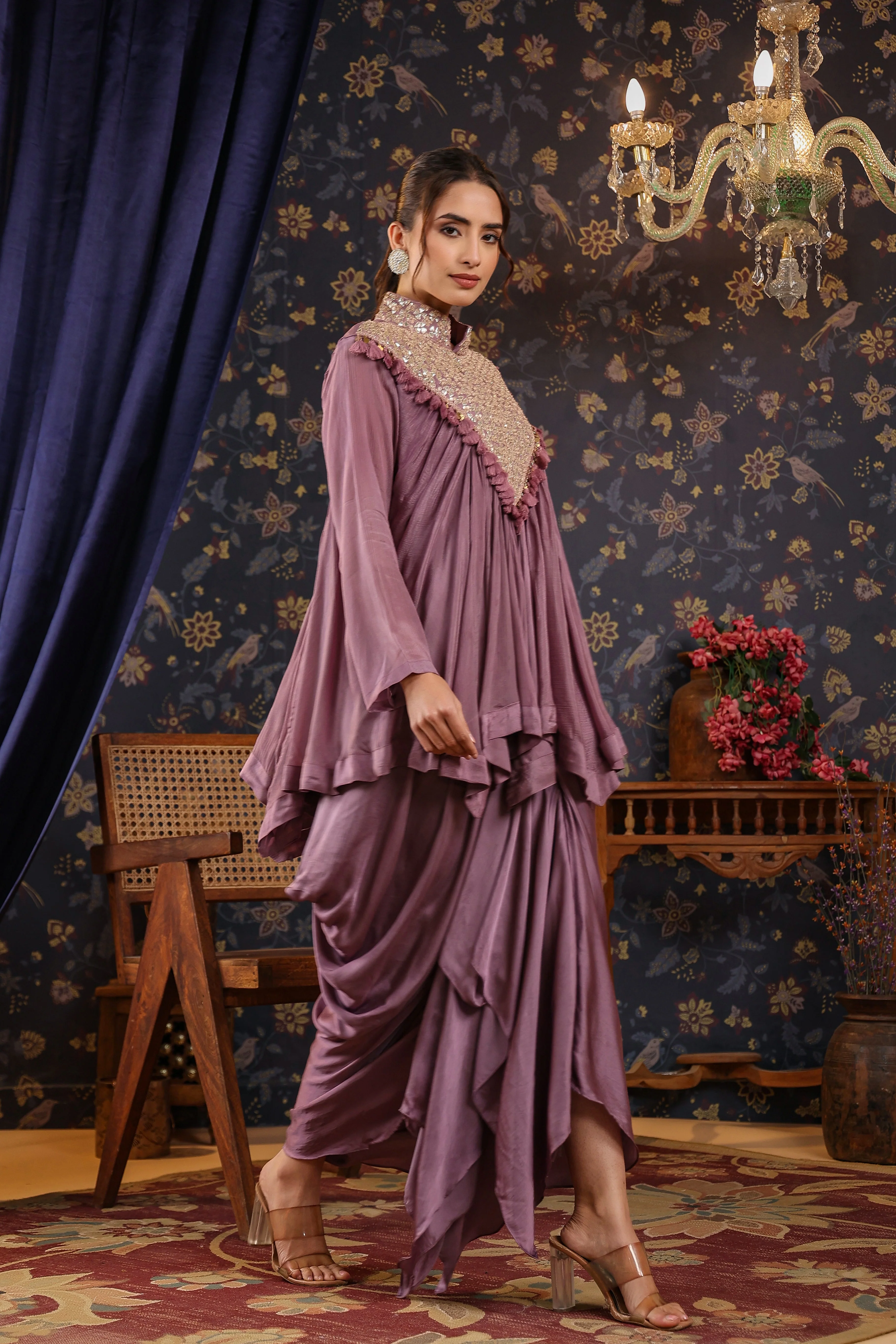 Mauve Gota Embroidered Chinon Silk Draped Skirt & Top - Image 4