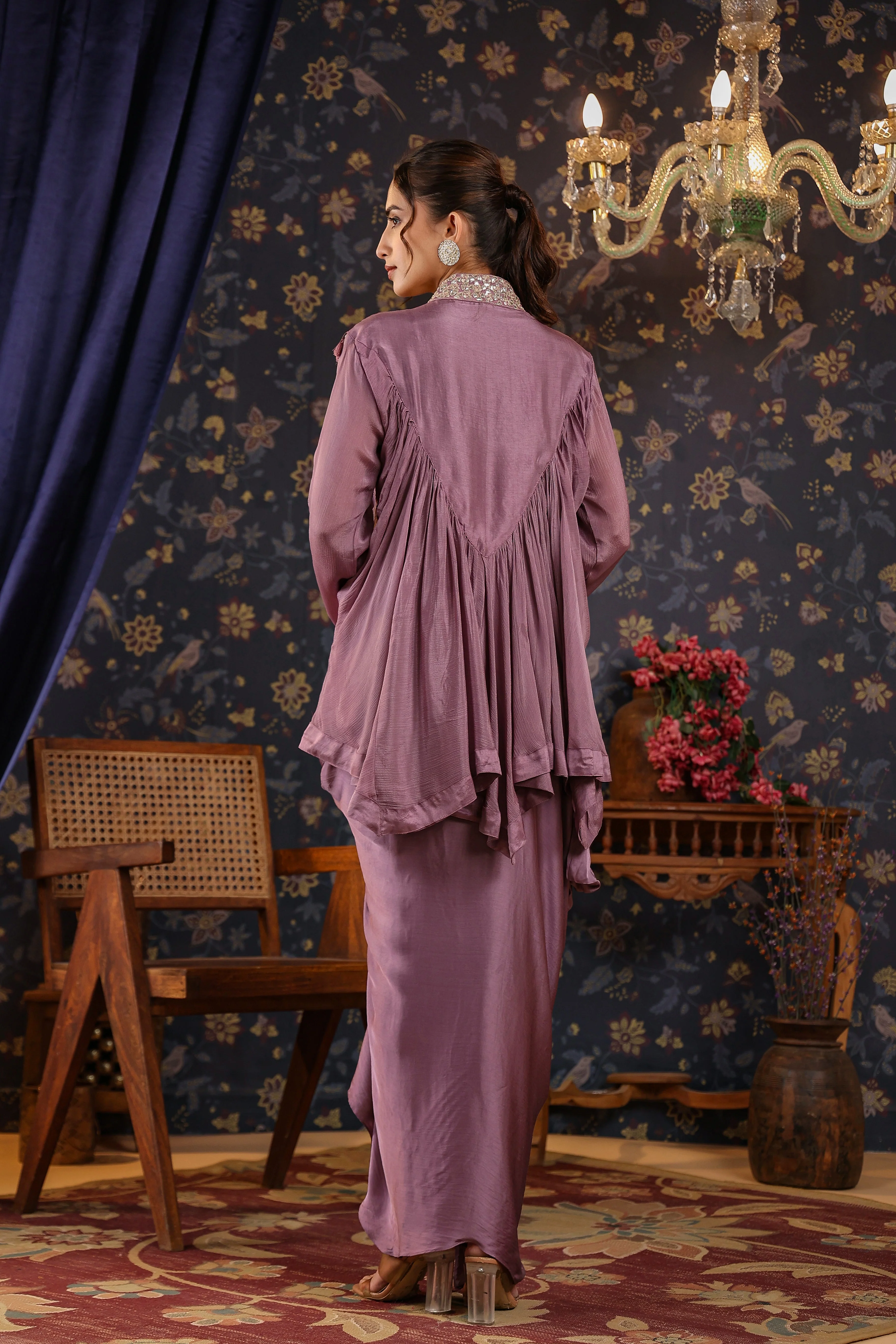 Mauve Gota Embroidered Chinon Silk Draped Skirt & Top - Image 5
