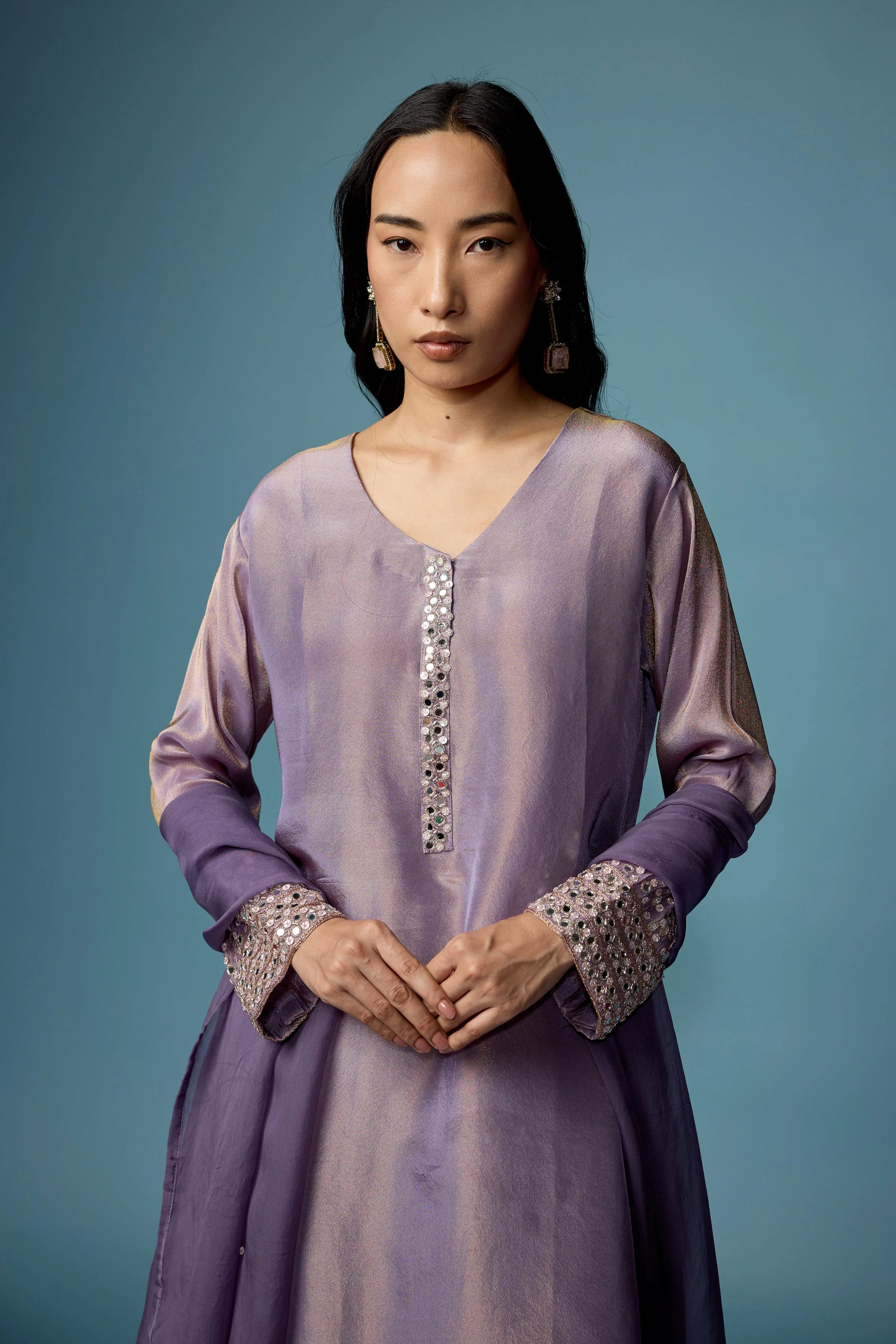 Mauve Glow Embellished Shimmer Tissue Silk Pant Set - Image 2
