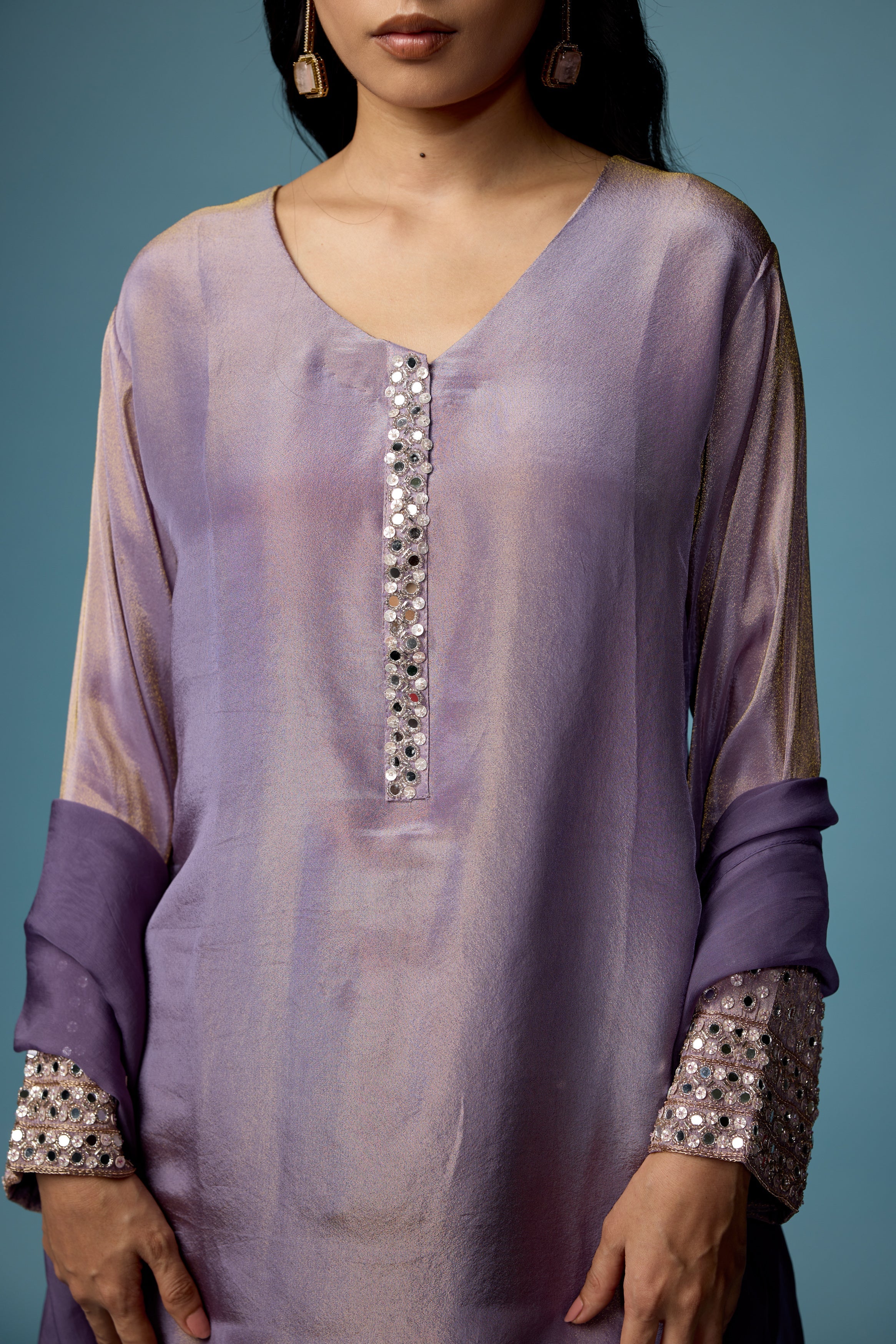 Mauve Glow Embellished Shimmer Tissue Silk Pant Set - Image 3