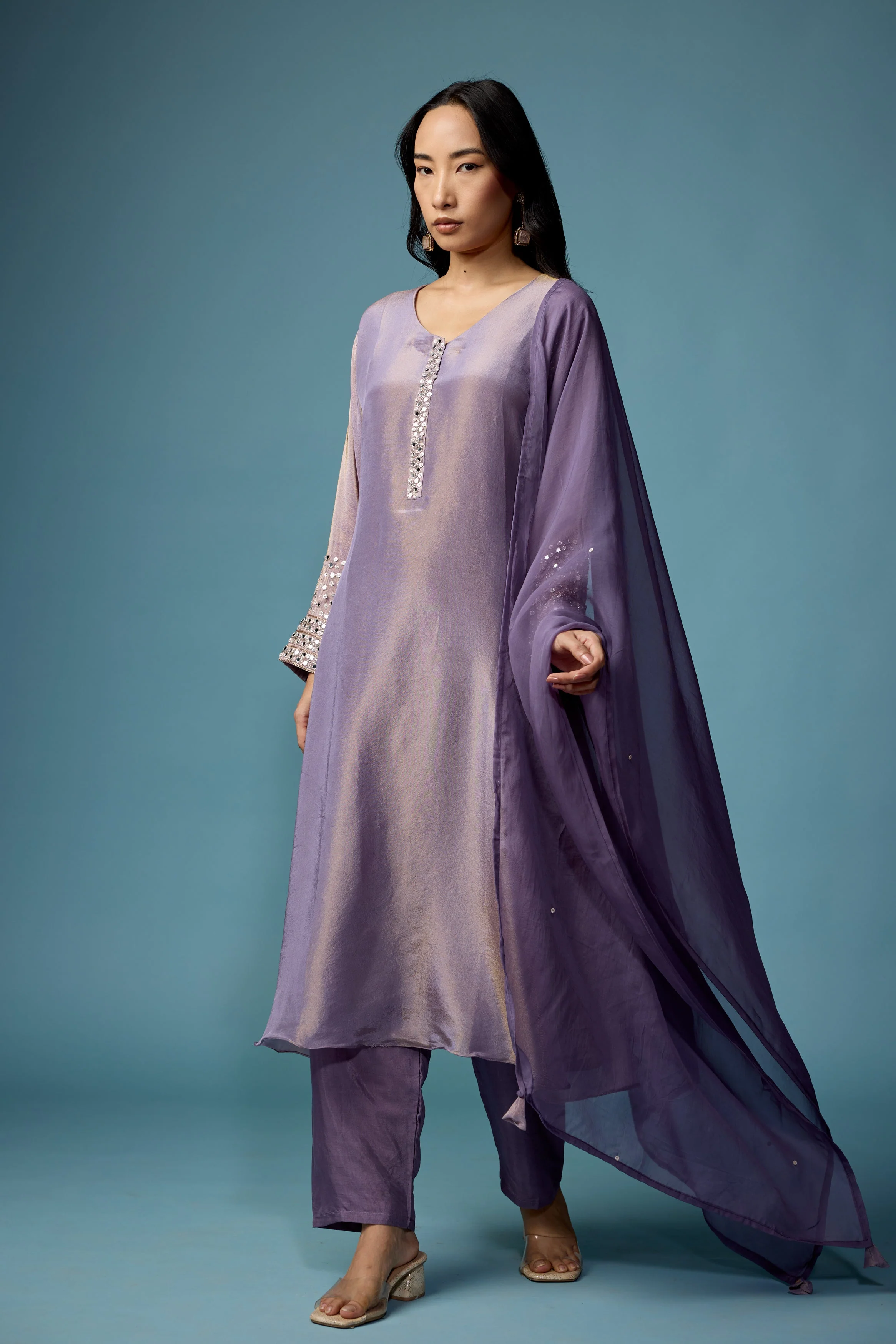 Mauve Glow Embellished Shimmer Tissue Silk Pant Set - Image 4