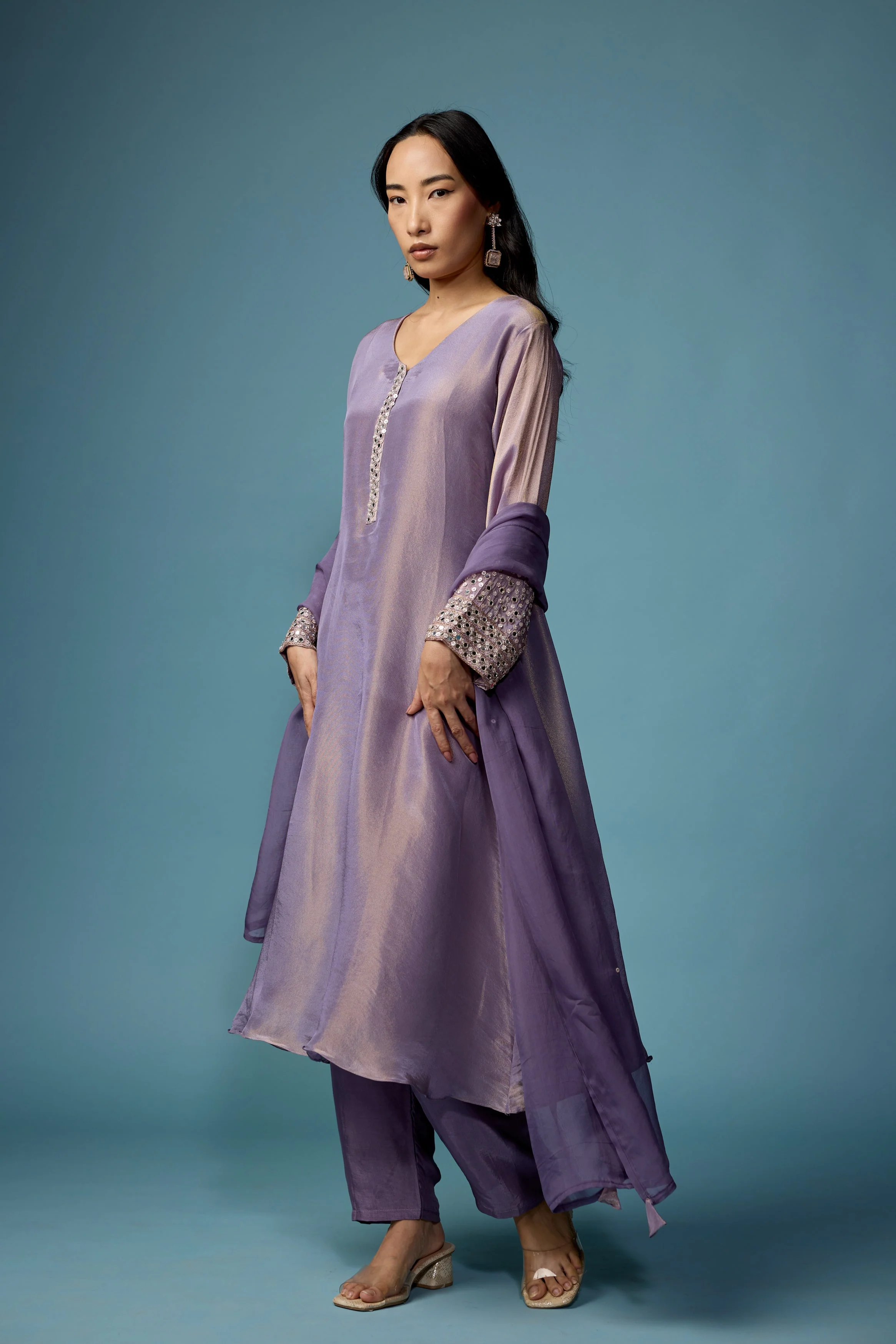 Mauve Glow Embellished Shimmer Tissue Silk Pant Set - Image 6