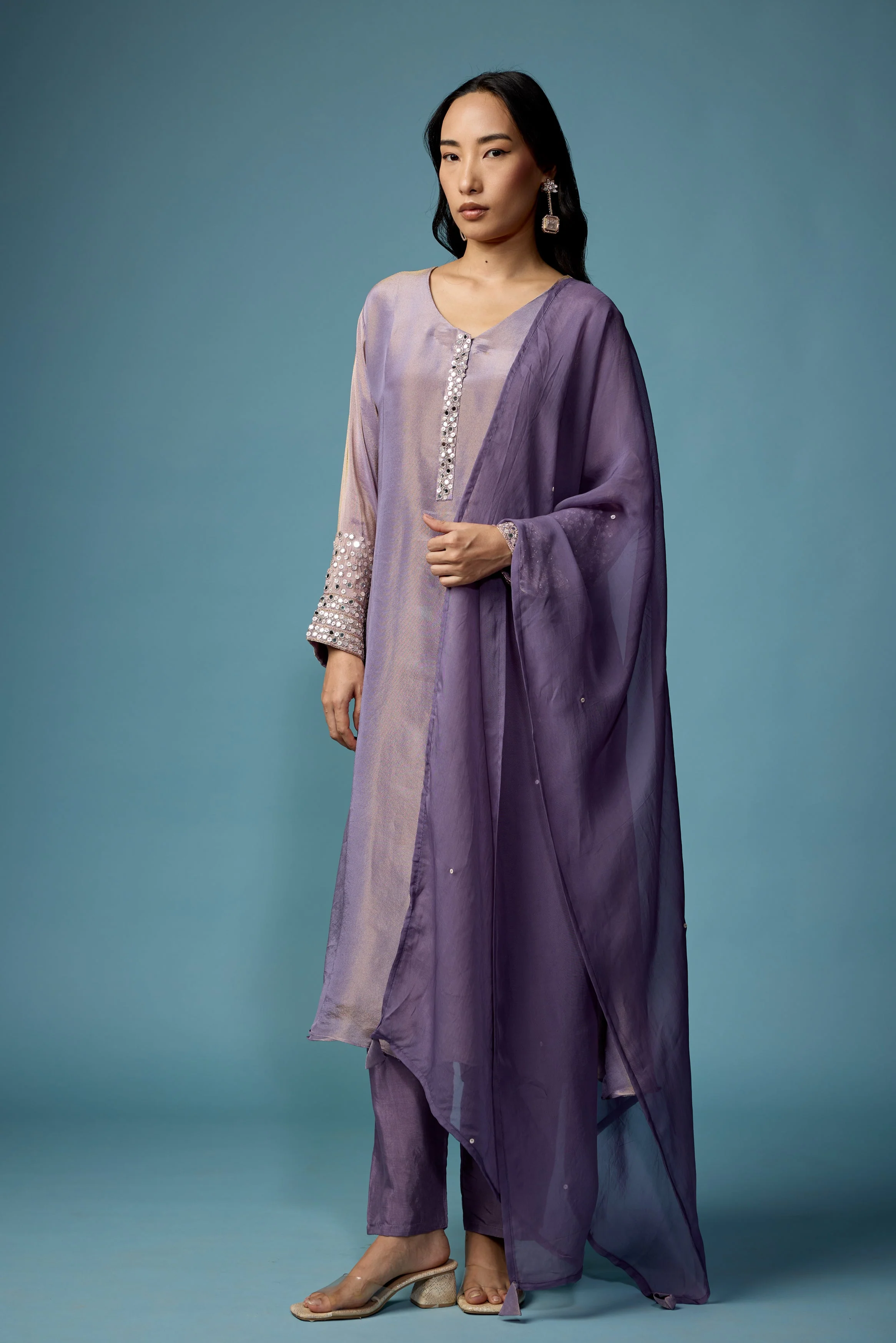 Mauve Glow Embellished Shimmer Tissue Silk Pant Set - Image 7