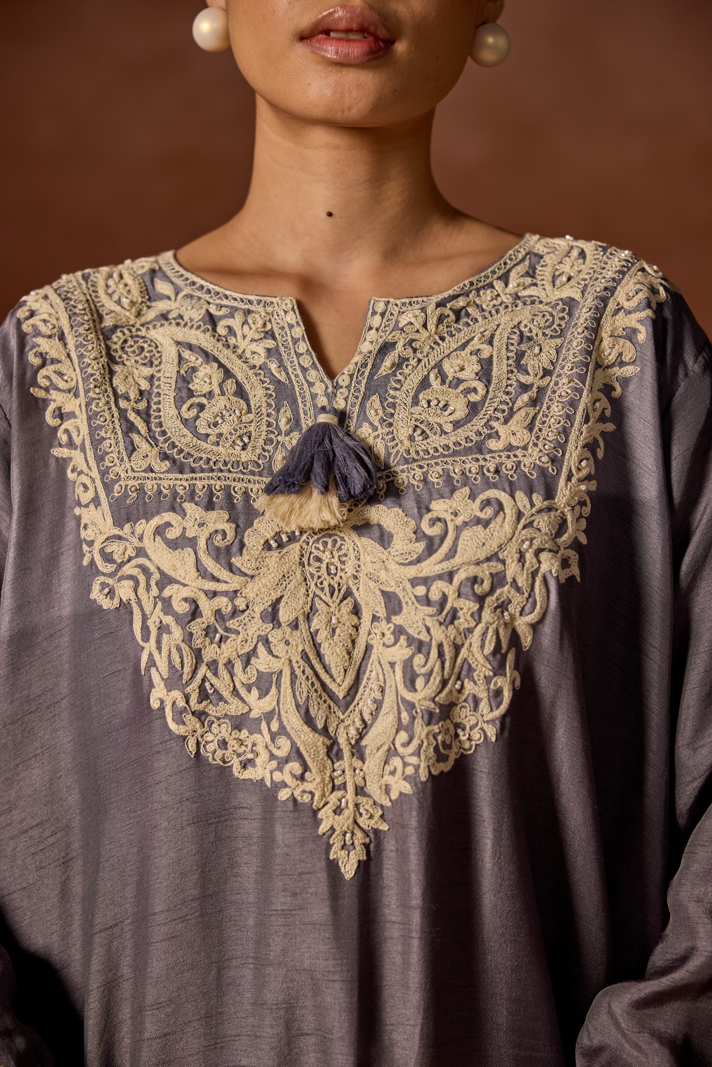 Mauve Grey Embroidered Raw Silk Palazzo Set - Image 2