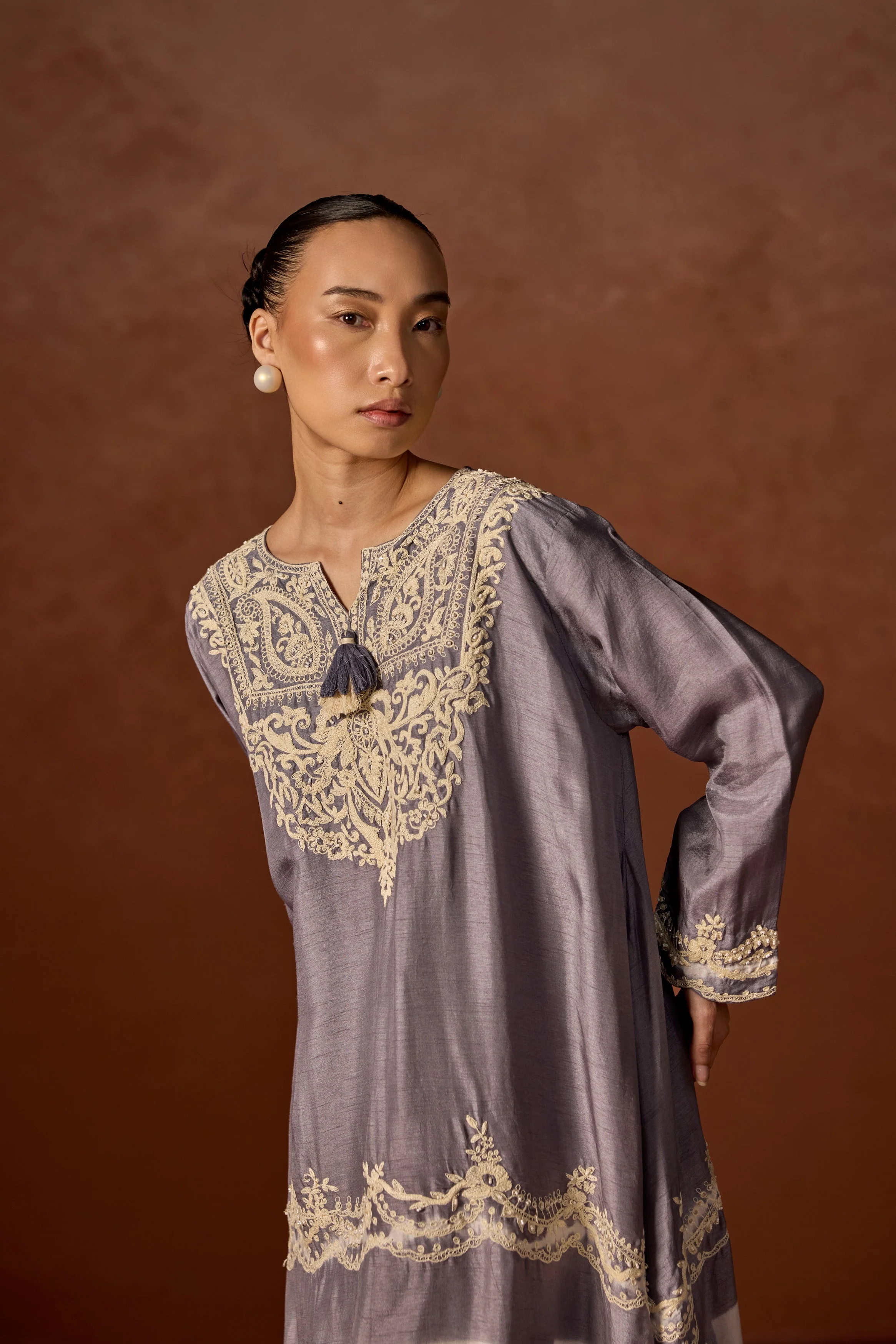 Mauve Grey Embroidered Raw Silk Palazzo Set - Image 3
