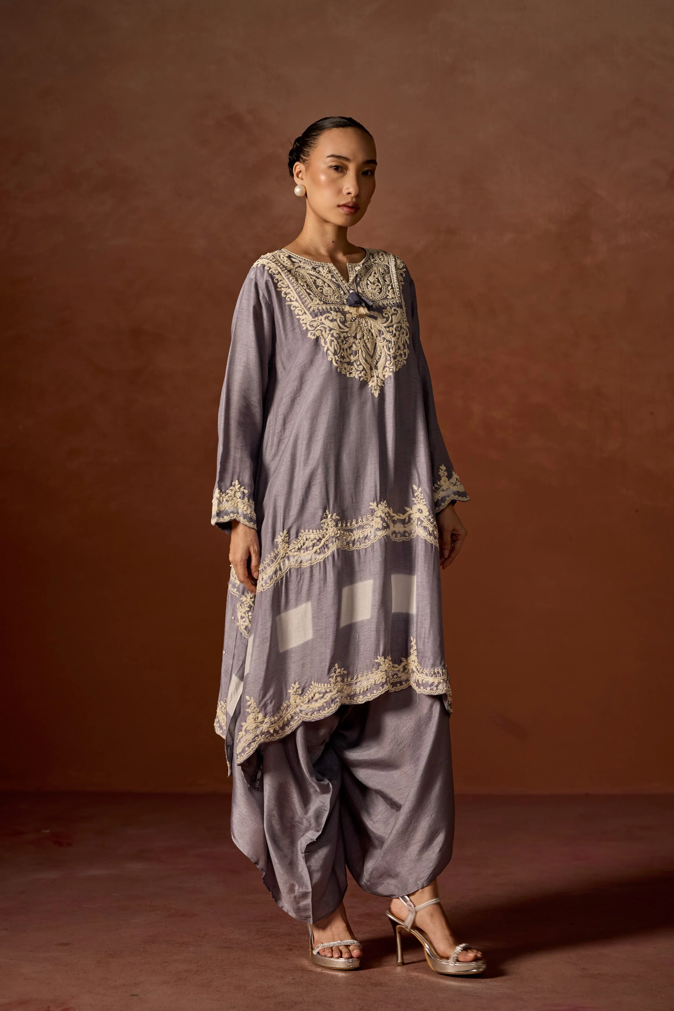 Mauve Grey Embroidered Raw Silk Palazzo Set - Image 4