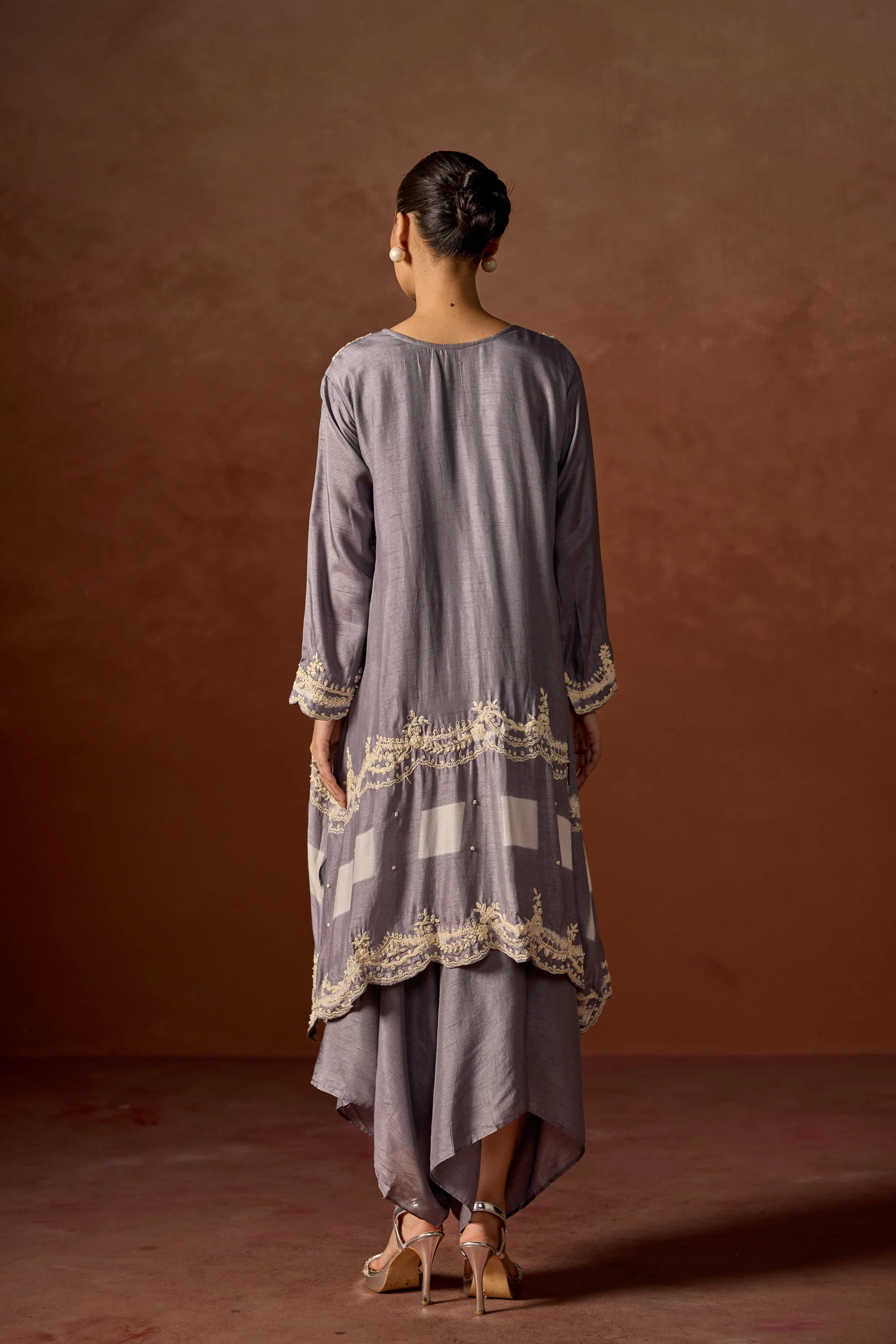 Mauve Grey Embroidered Raw Silk Palazzo Set - Image 5