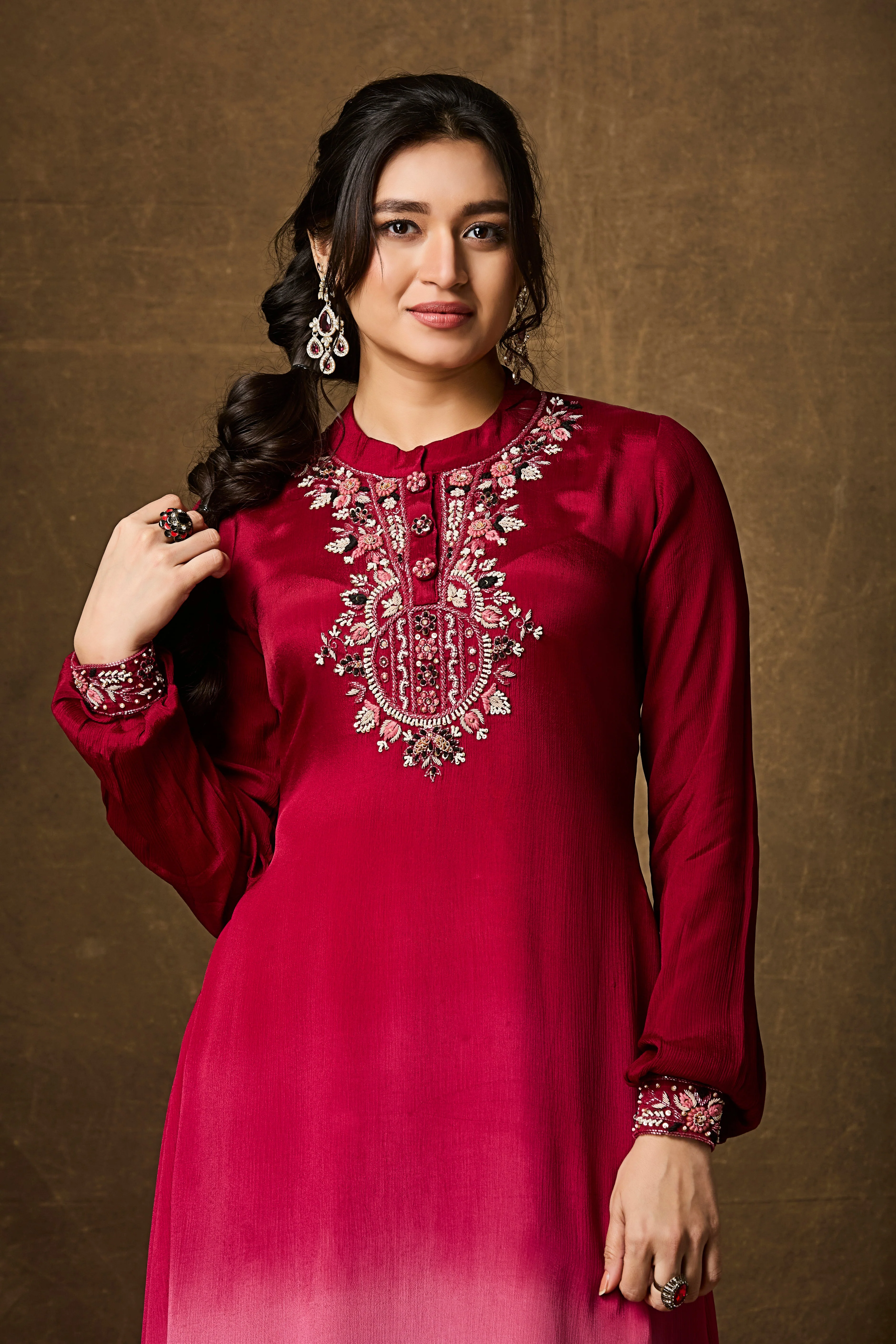 Red and Pink Ombre Chinon Silk Kurta Set - Image 2