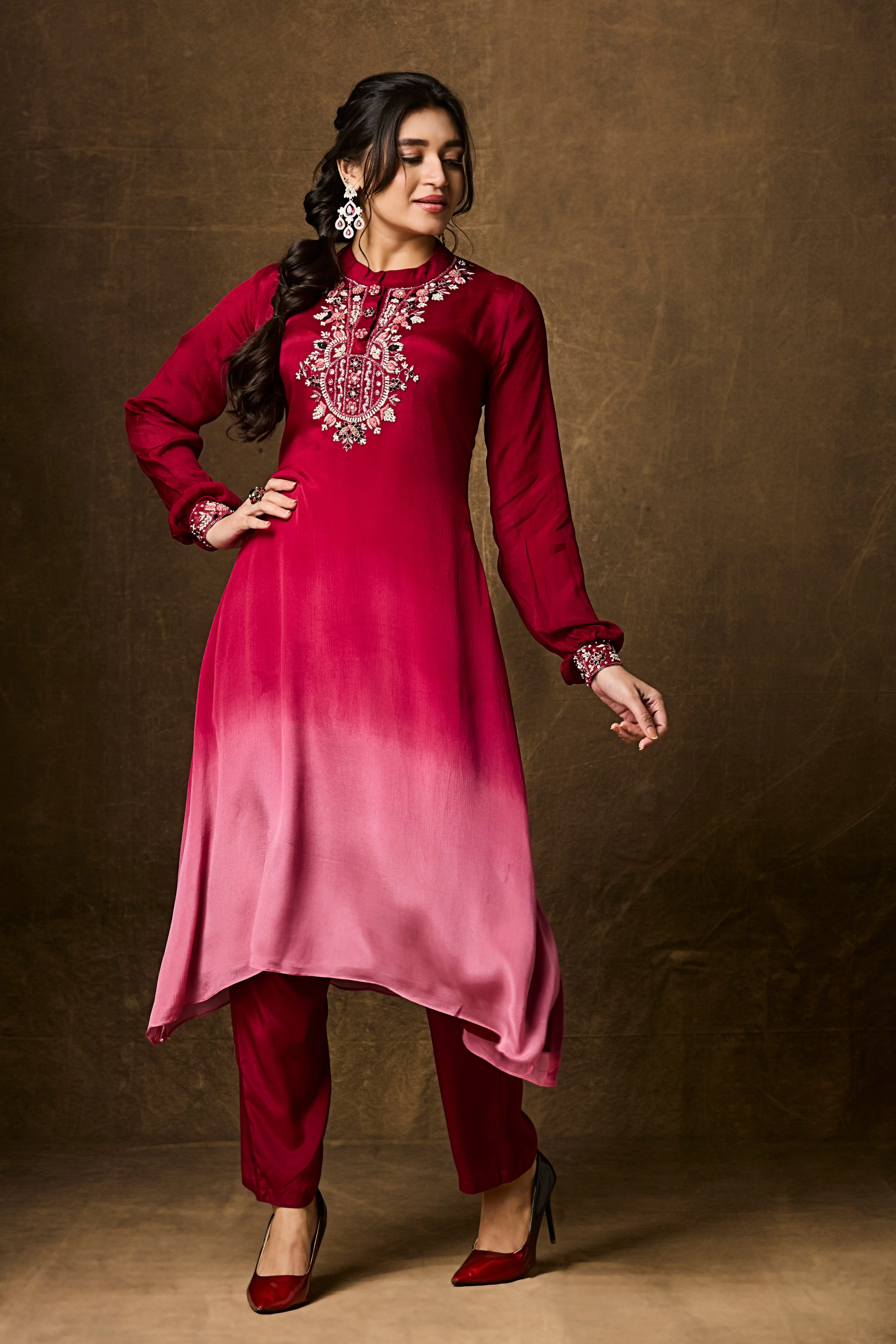 Red and Pink Ombre Chinon Silk Kurta Set - Image 3