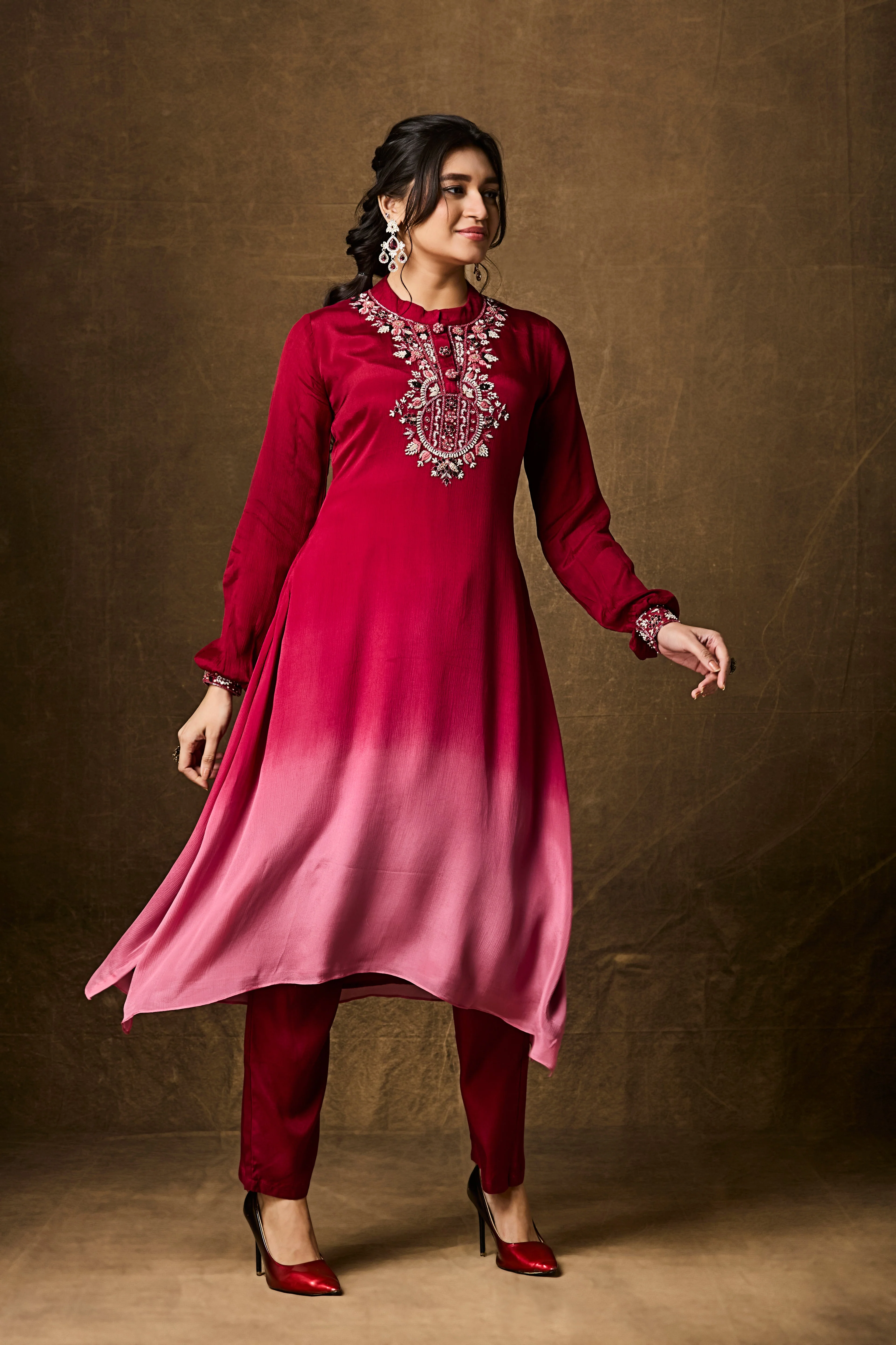 Red and Pink Ombre Chinon Silk Kurta Set - Image 4
