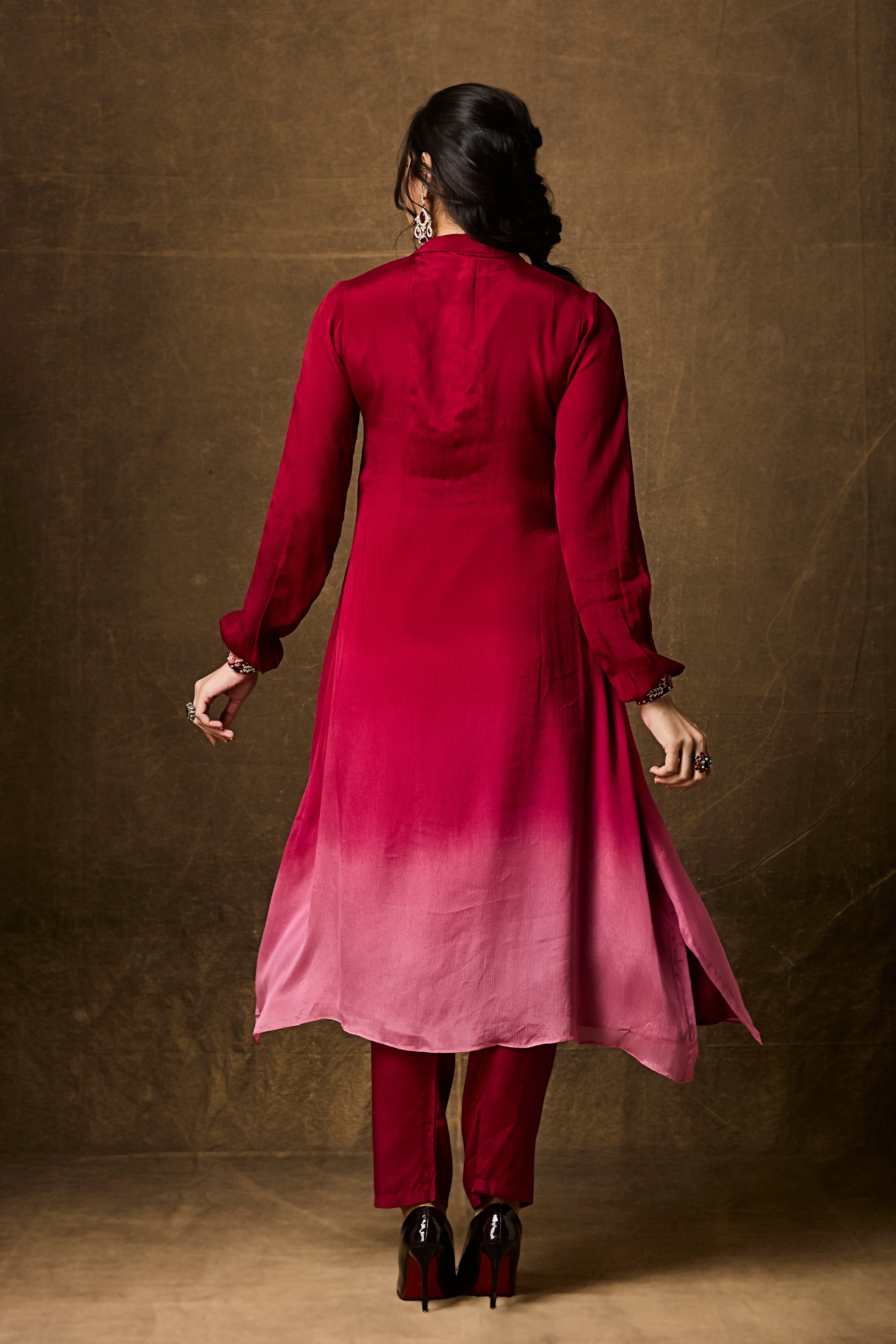 Red and Pink Ombre Chinon Silk Kurta Set - Image 5