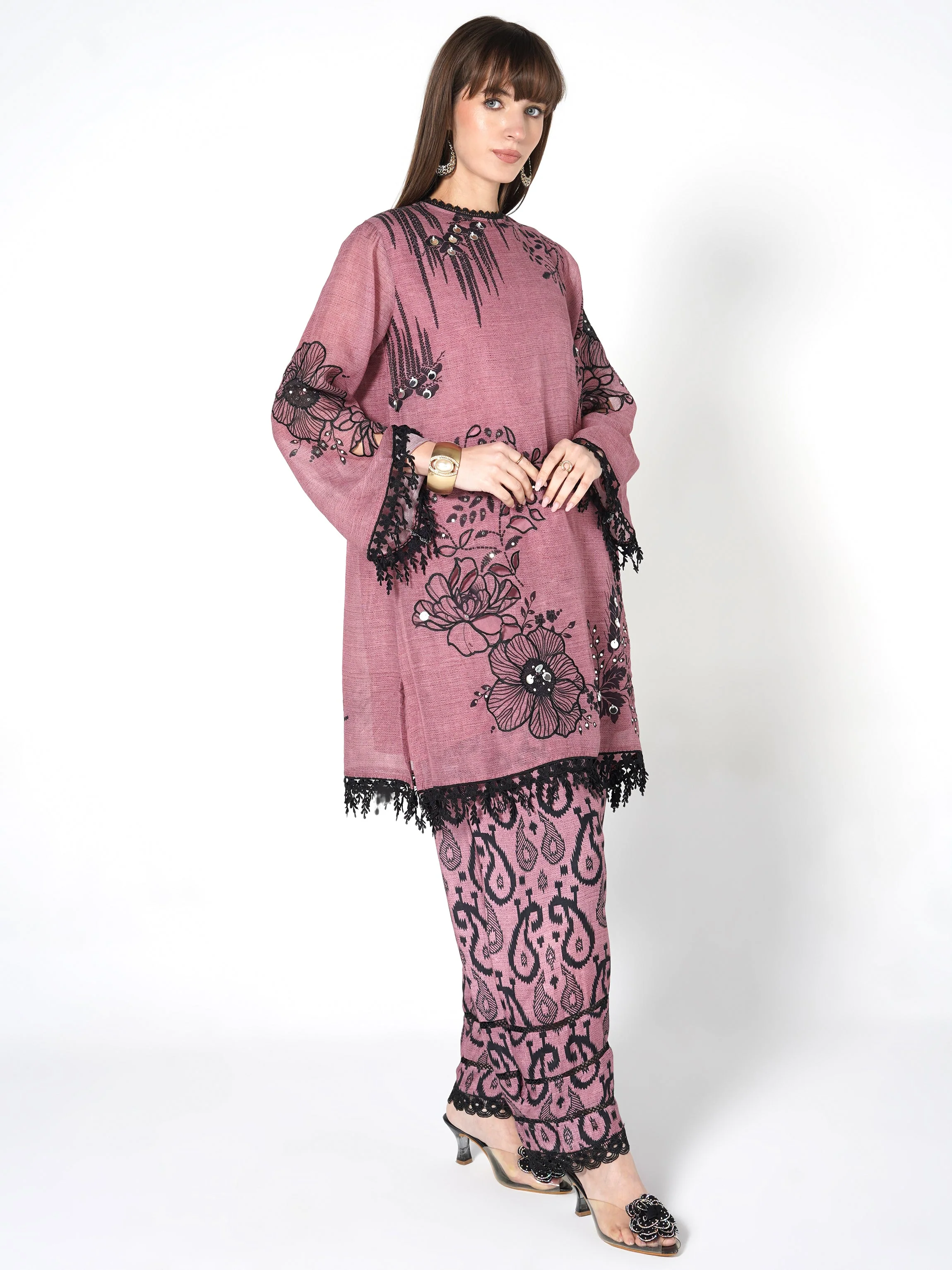 Mauve Onyx Printed Linen Silk Co-Ord Set - Image 3