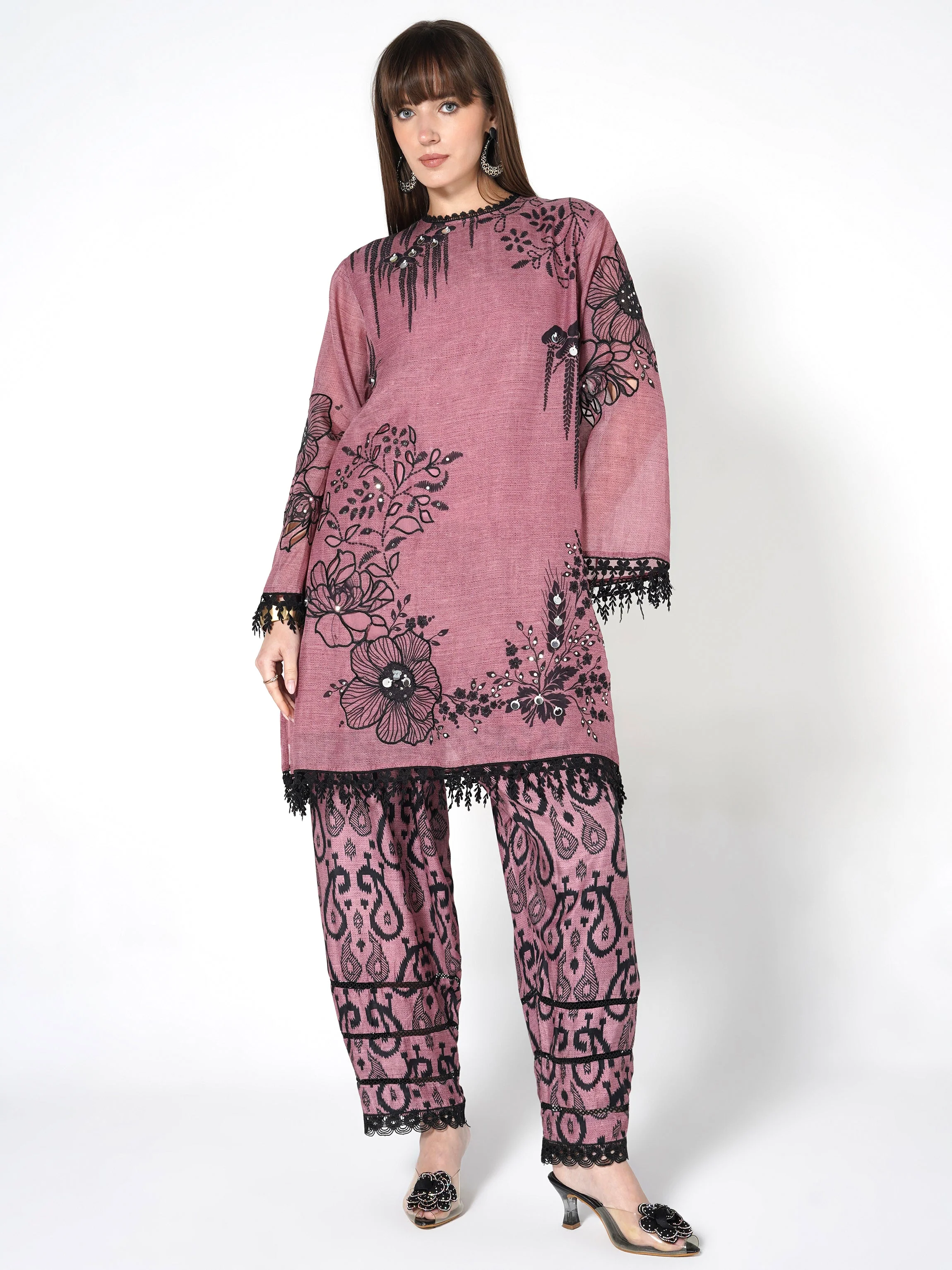 Mauve Onyx Printed Linen Silk Co-Ord Set - Image 5