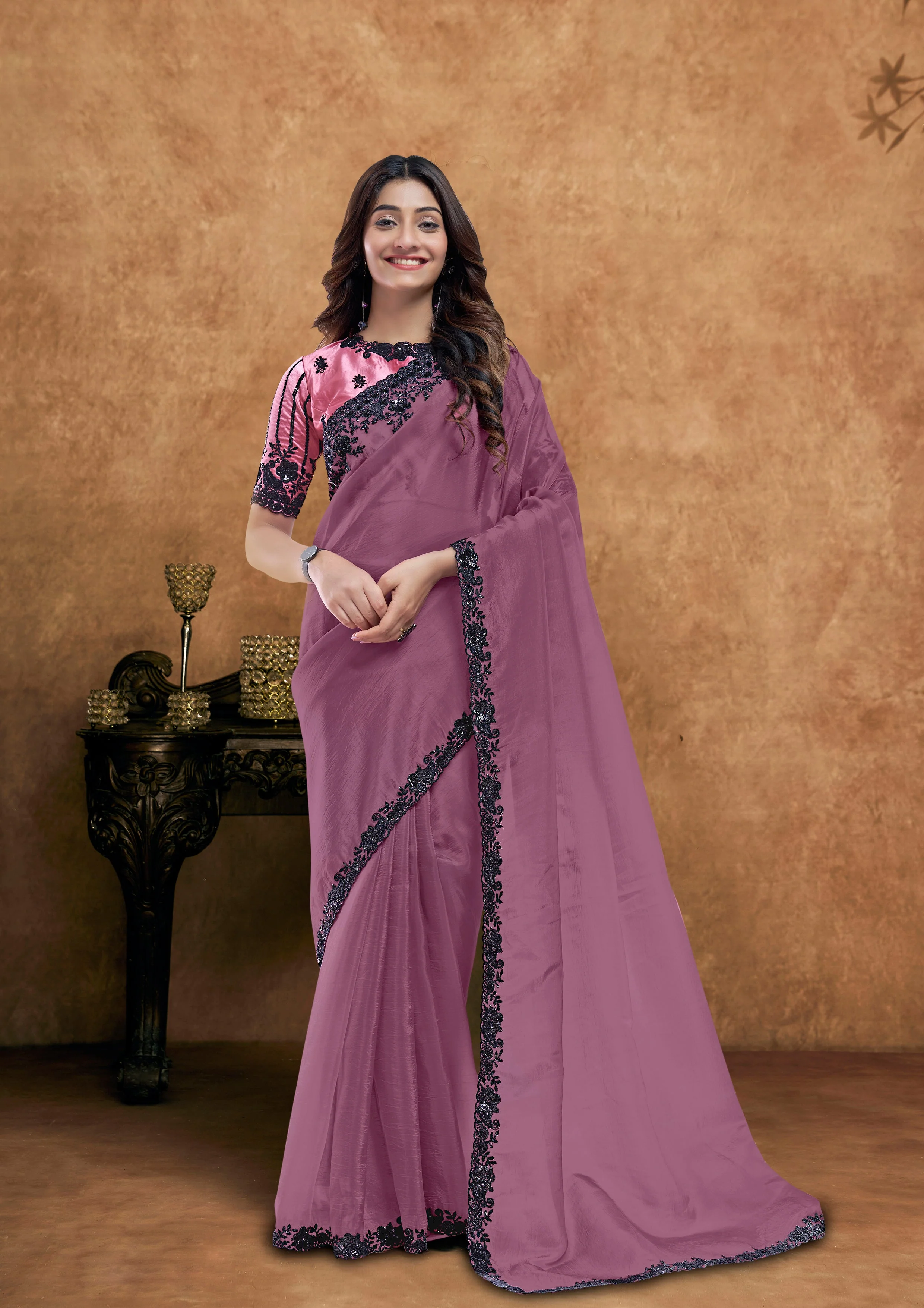 Mauve Orchid Embellished Crushed Pure Silk Saree