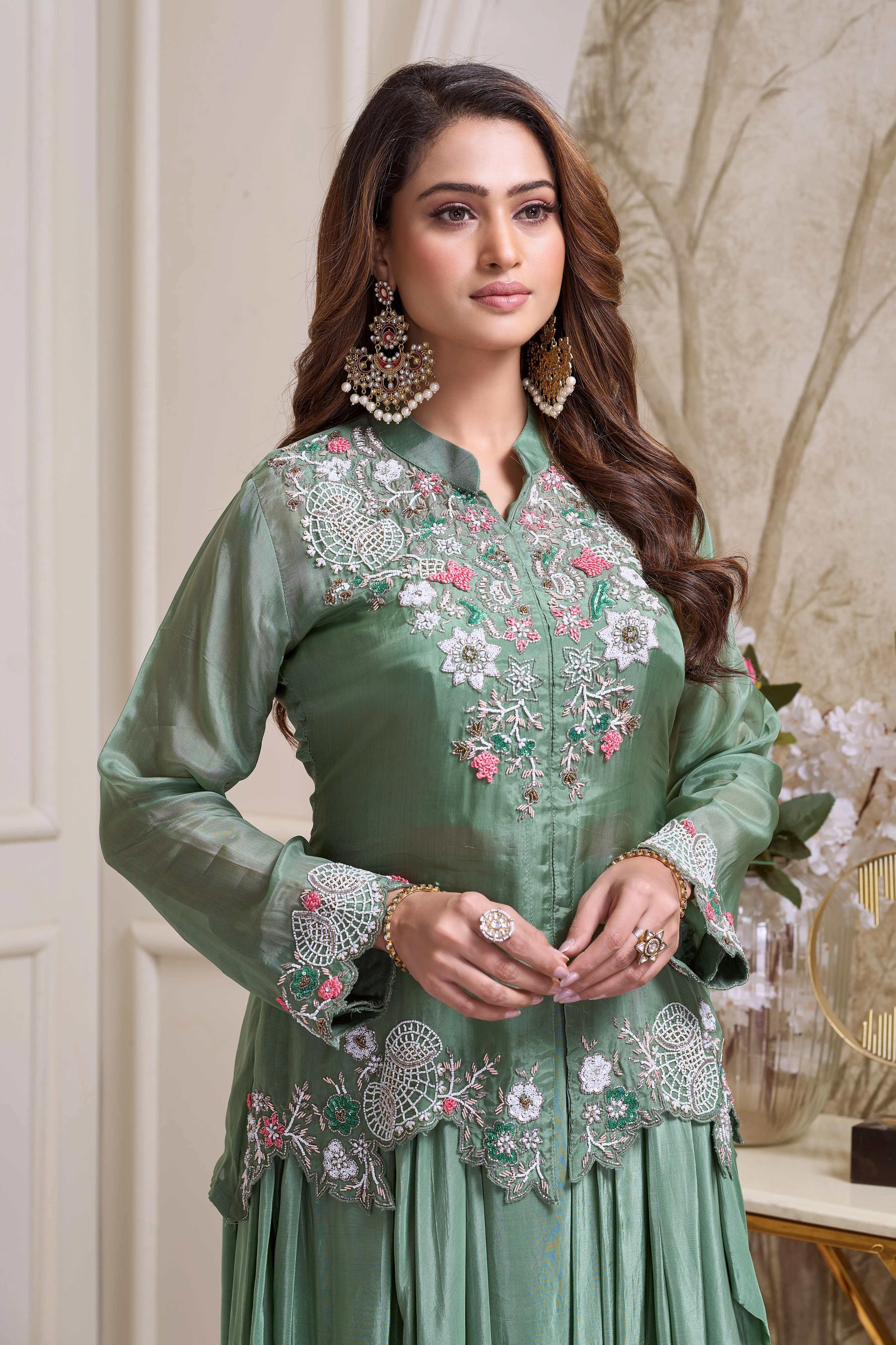 Sage Green Embellished Crepe Silk Skirt Set - Image 2