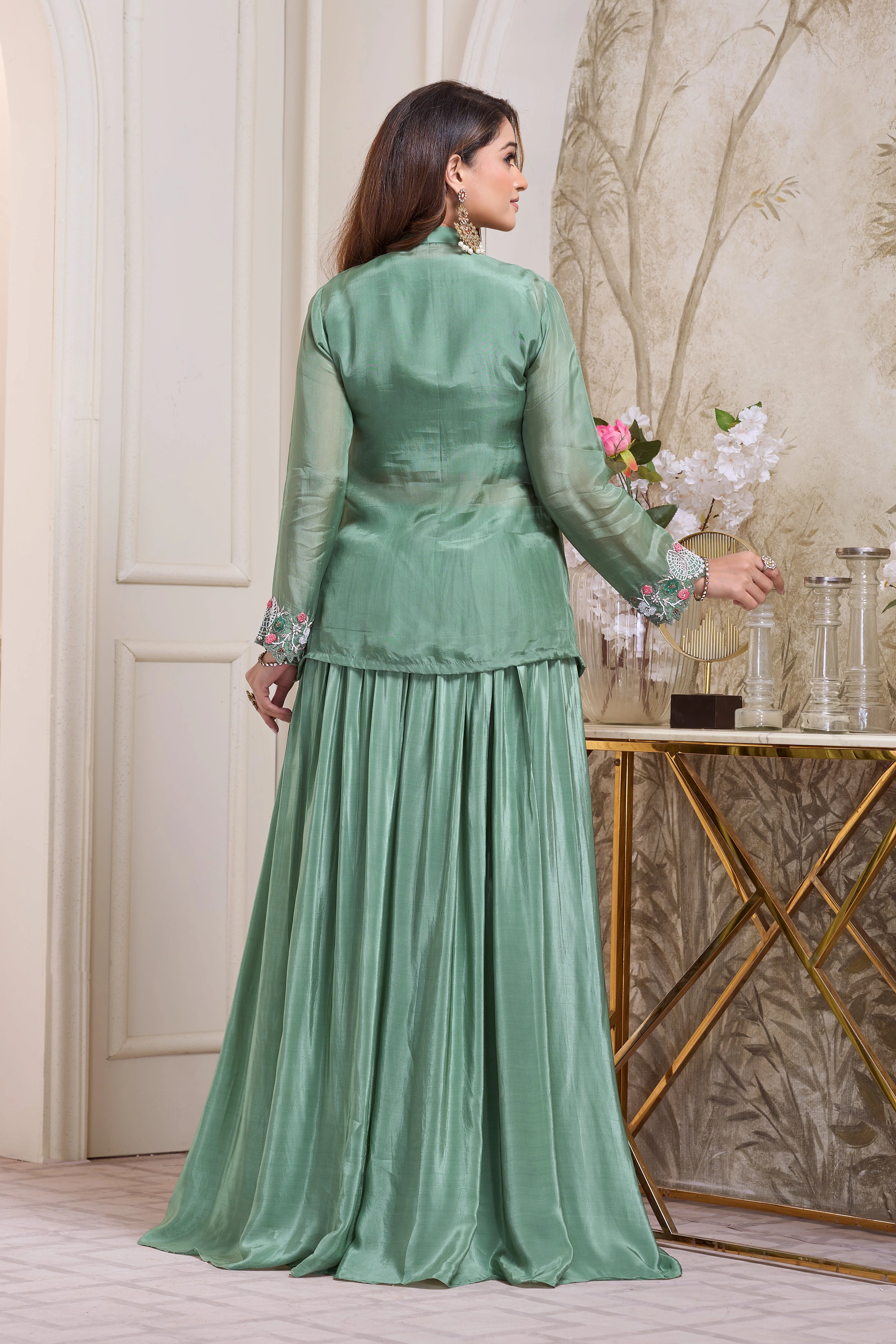 Sage Green Embellished Crepe Silk Skirt Set - Image 3