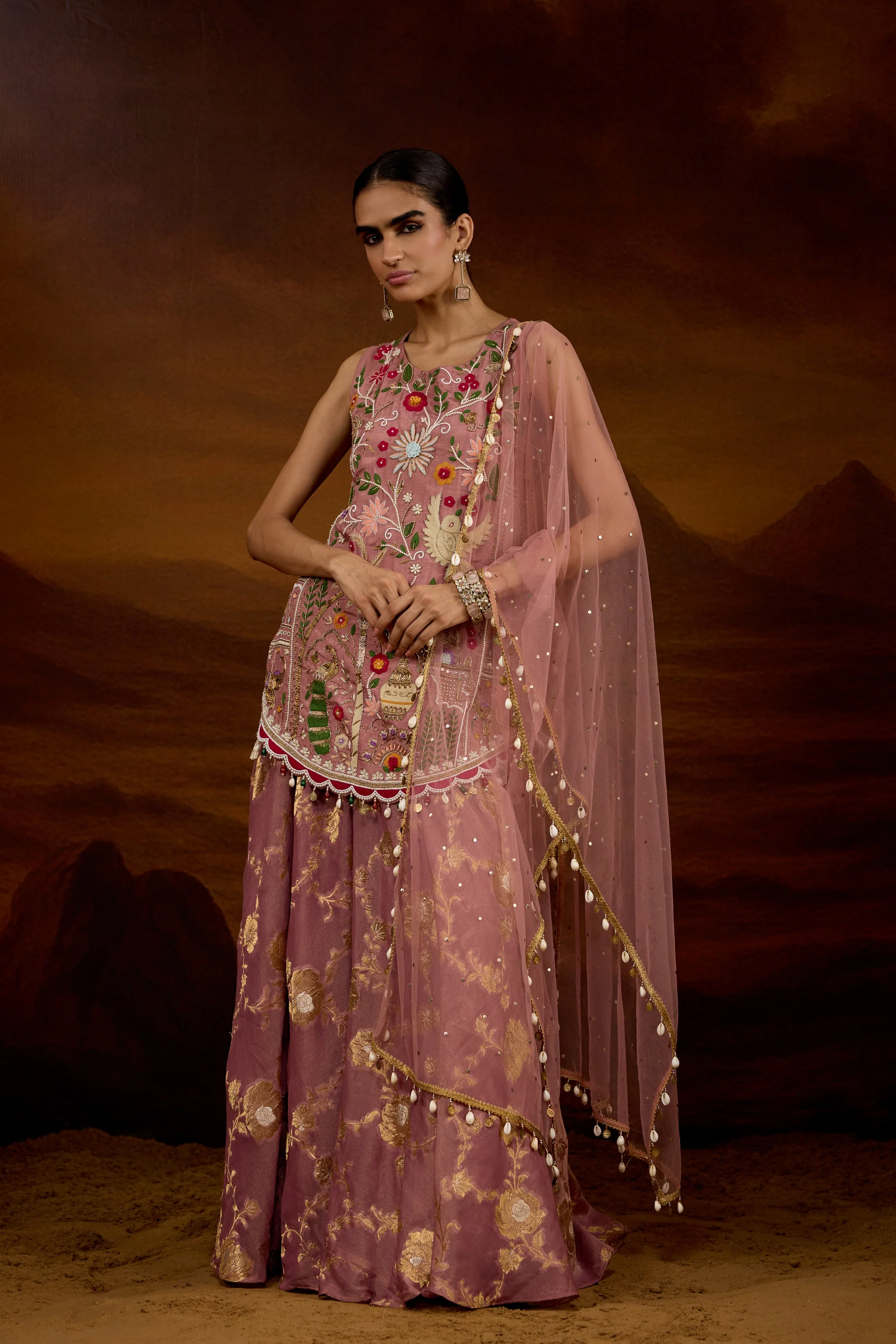 Mauve Pink Embellished Shimmer Tissue Silk Palazzo Set