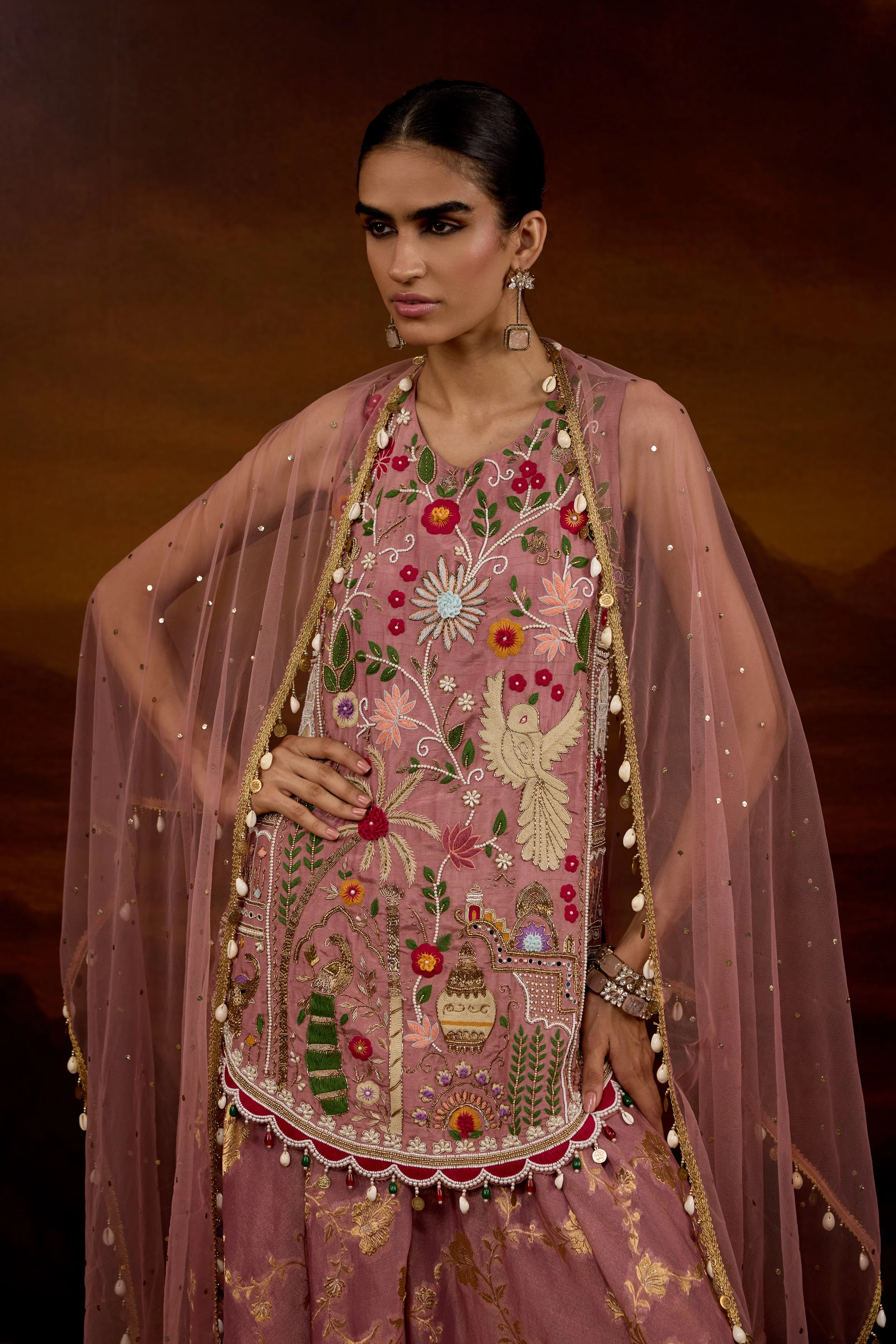 Mauve Pink Embellished Shimmer Tissue Silk Palazzo Set - Image 3