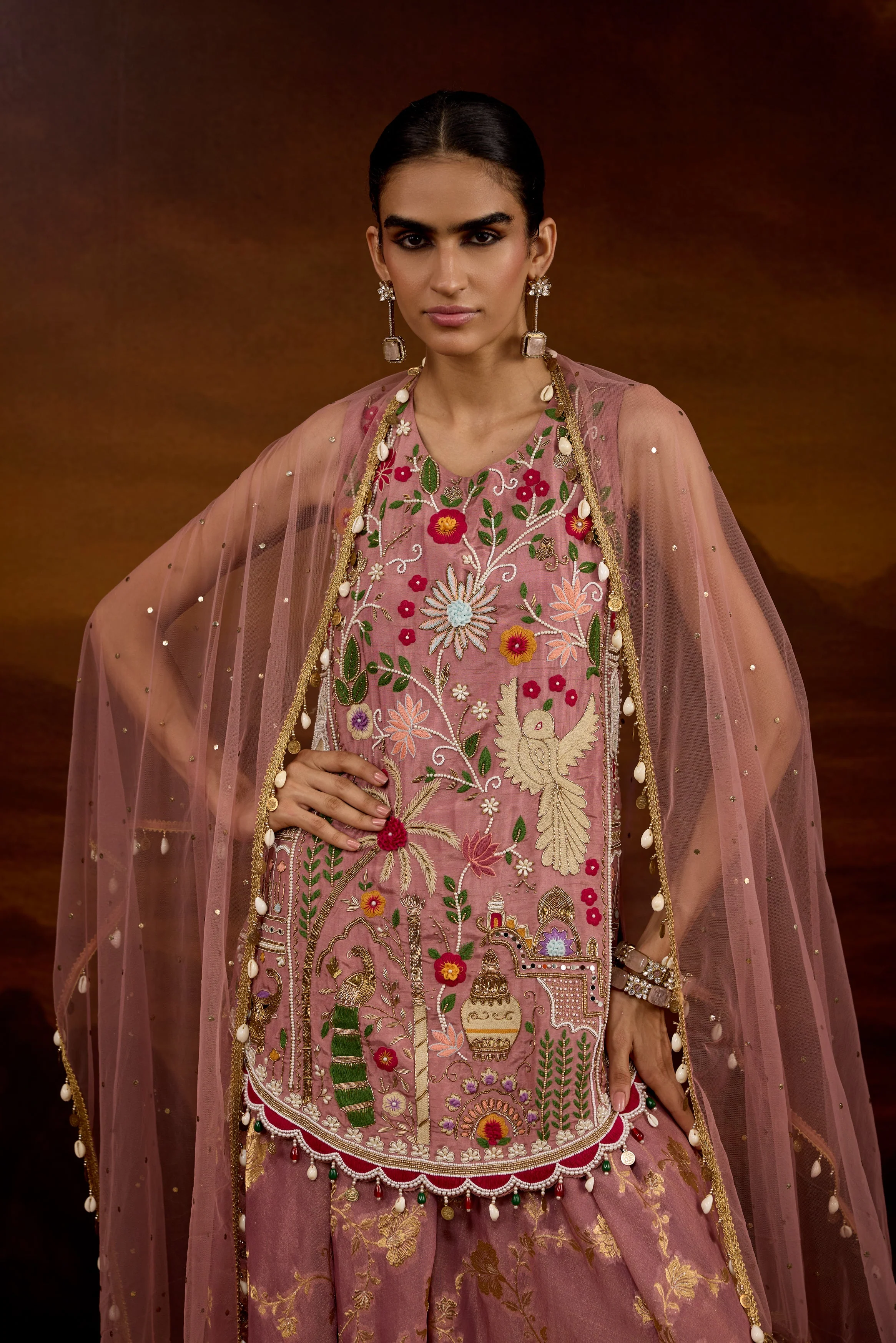 Mauve Pink Embellished Shimmer Tissue Silk Palazzo Set - Image 4
