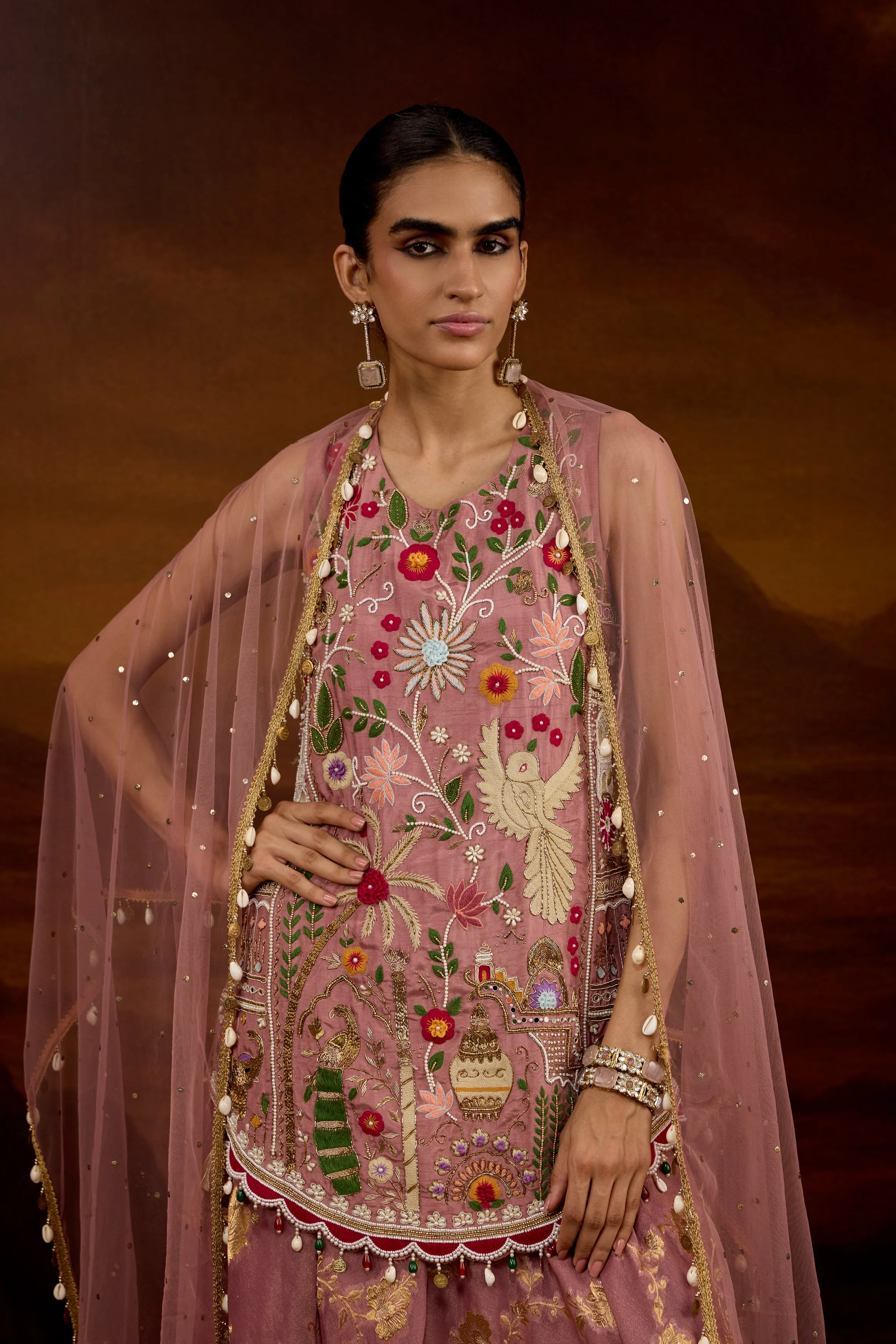 Mauve Pink Embellished Shimmer Tissue Silk Palazzo Set - Image 5