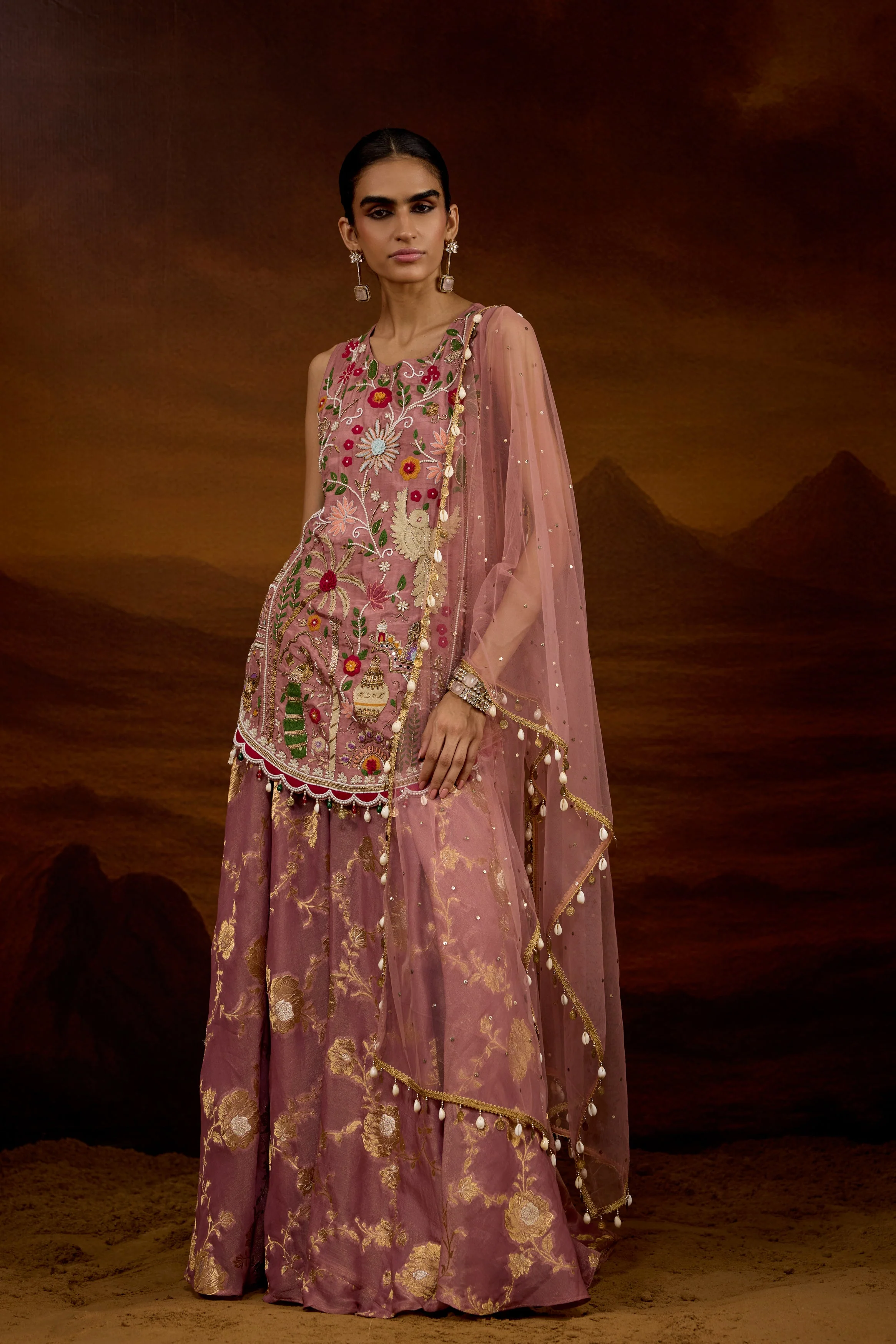 Mauve Pink Embellished Shimmer Tissue Silk Palazzo Set - Image 6