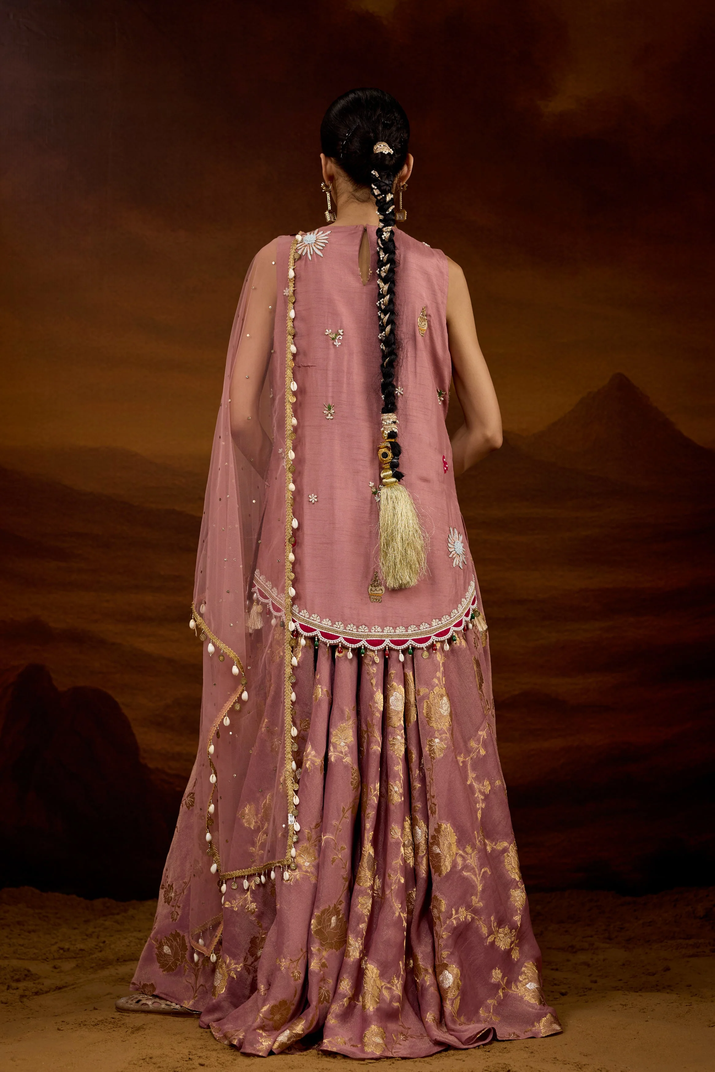 Mauve Pink Embellished Shimmer Tissue Silk Palazzo Set - Image 7