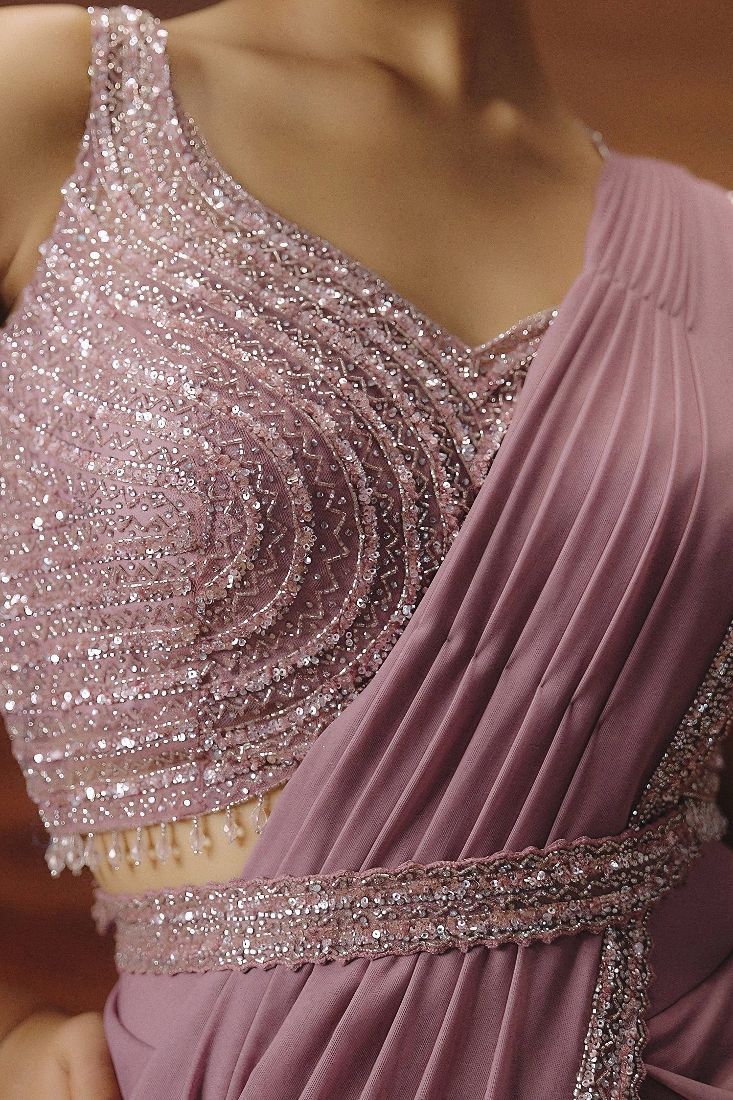 Mauve Pink Embellished Spandex Lycra Drape Saree - Image 2