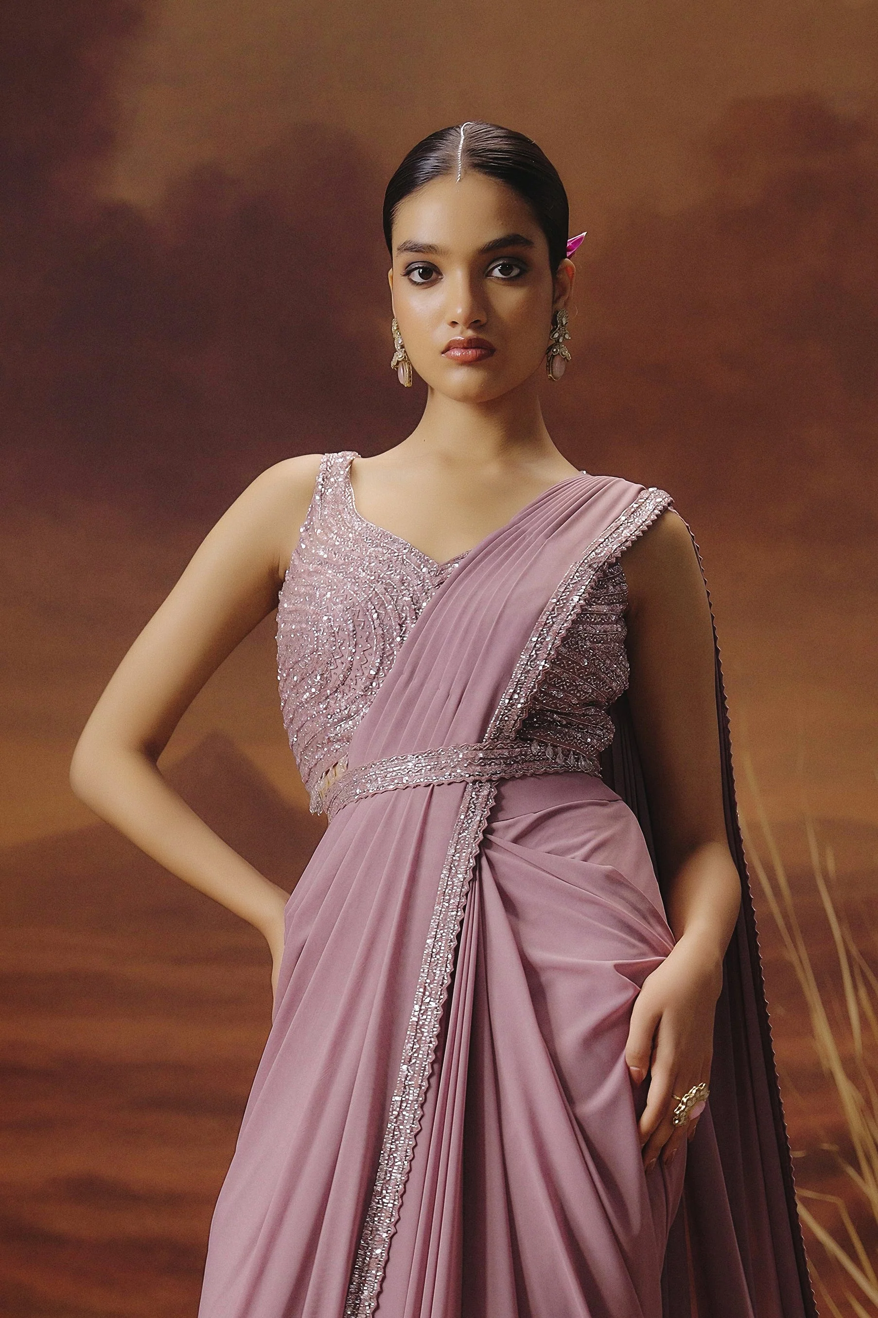Mauve Pink Embellished Spandex Lycra Drape Saree - Image 3
