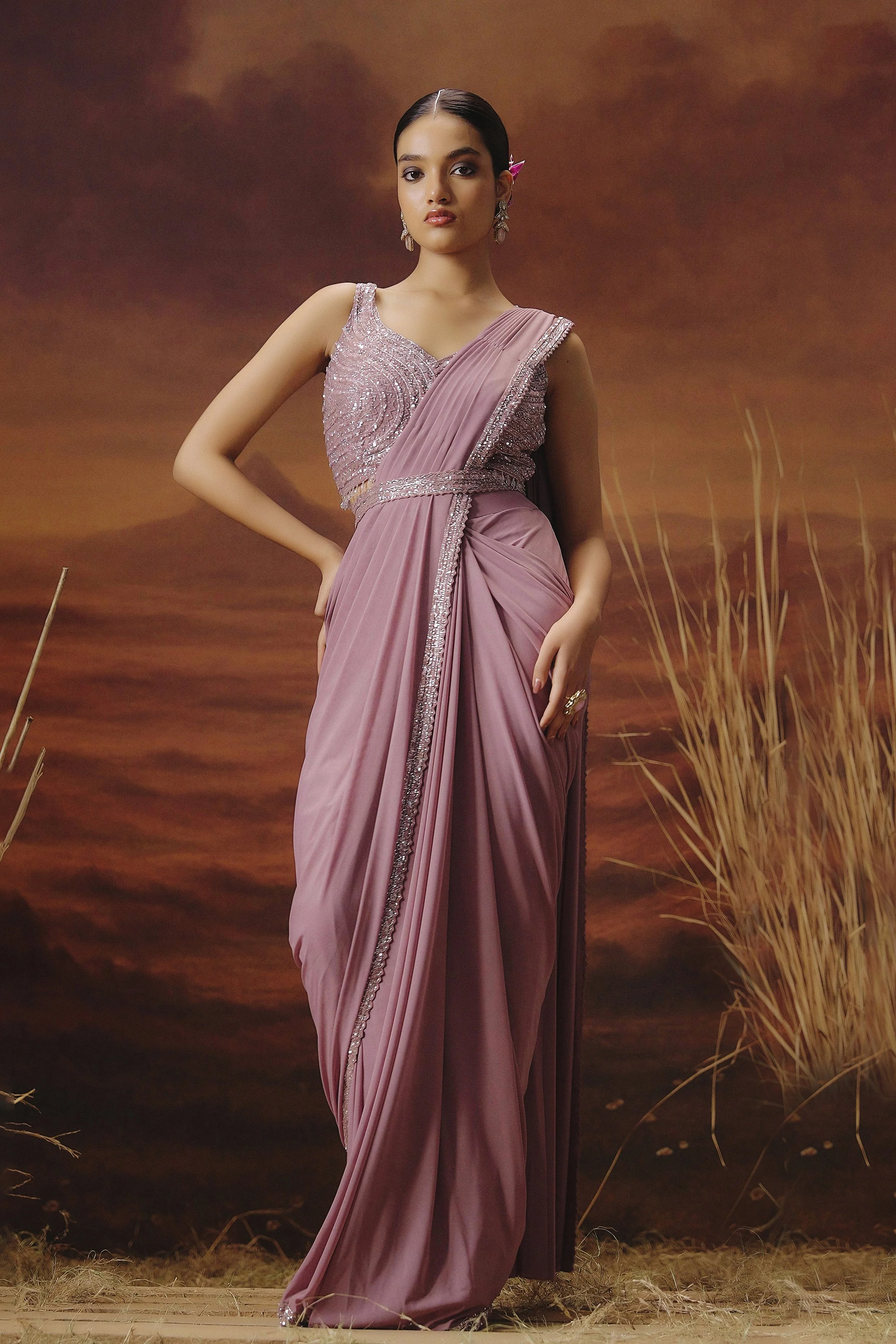Mauve Pink Embellished Spandex Lycra Drape Saree - Image 5