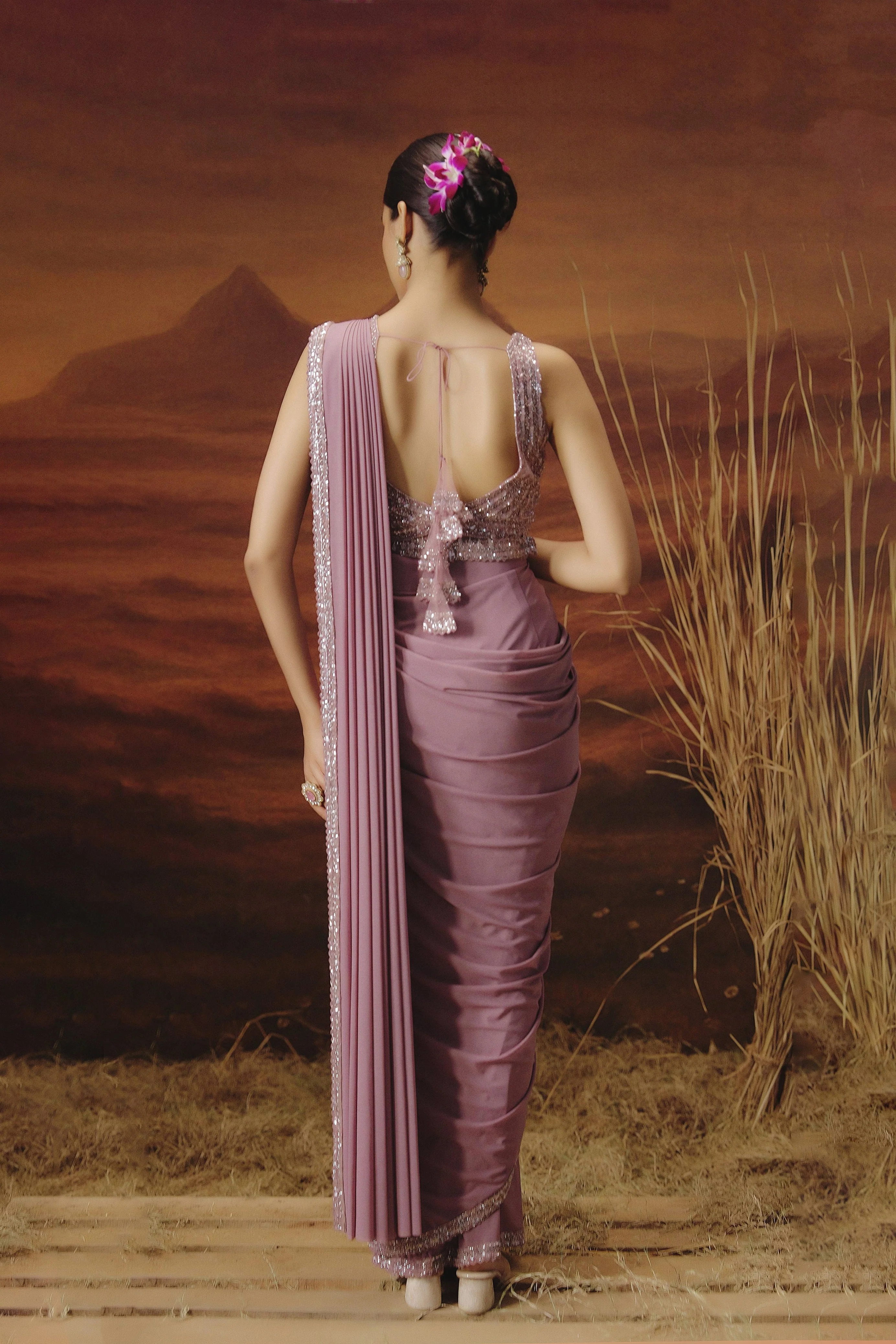 Mauve Pink Embellished Spandex Lycra Drape Saree - Image 6