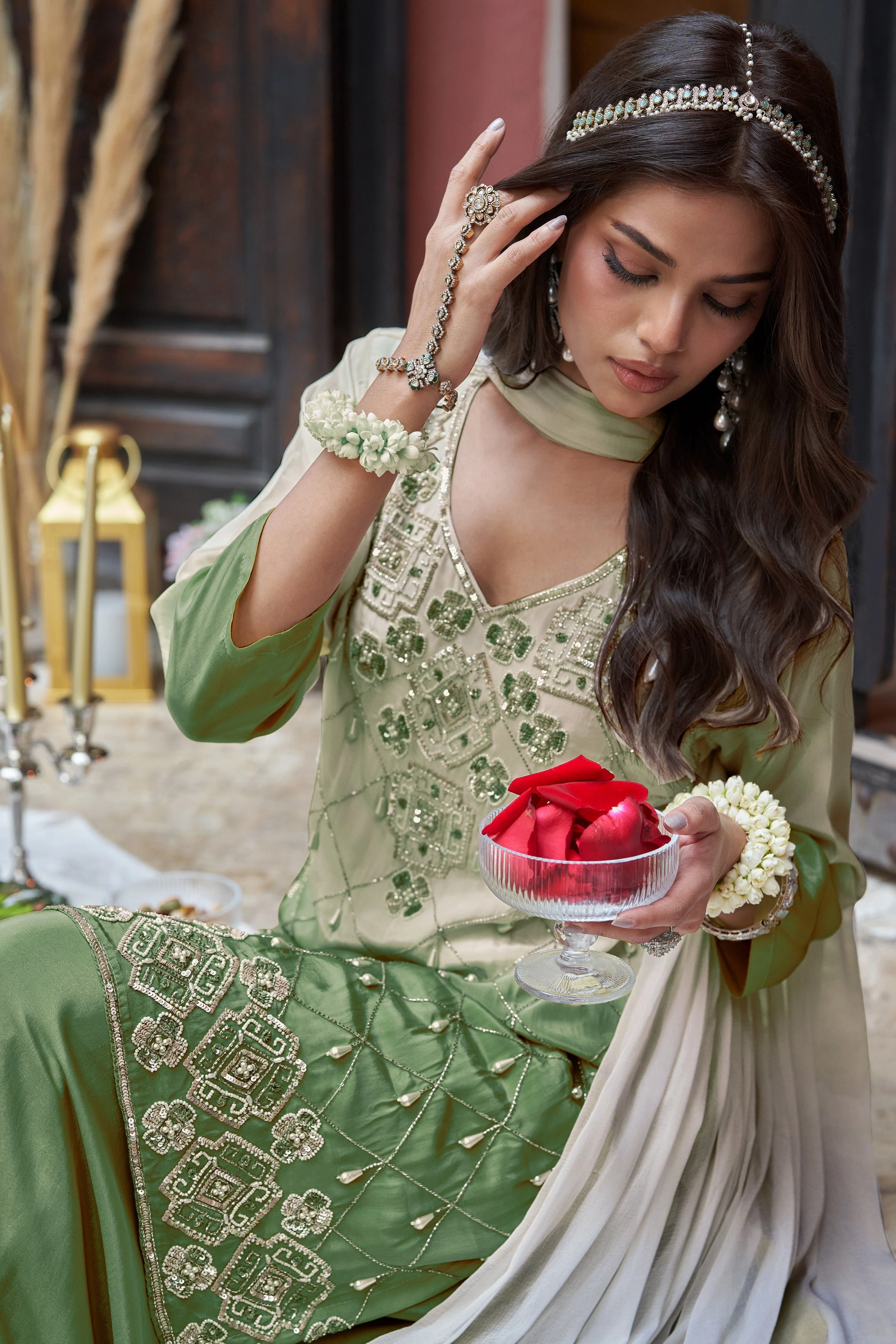 Moss Green Ombre Embellished Satin Silk Palazzo Set - Image 2