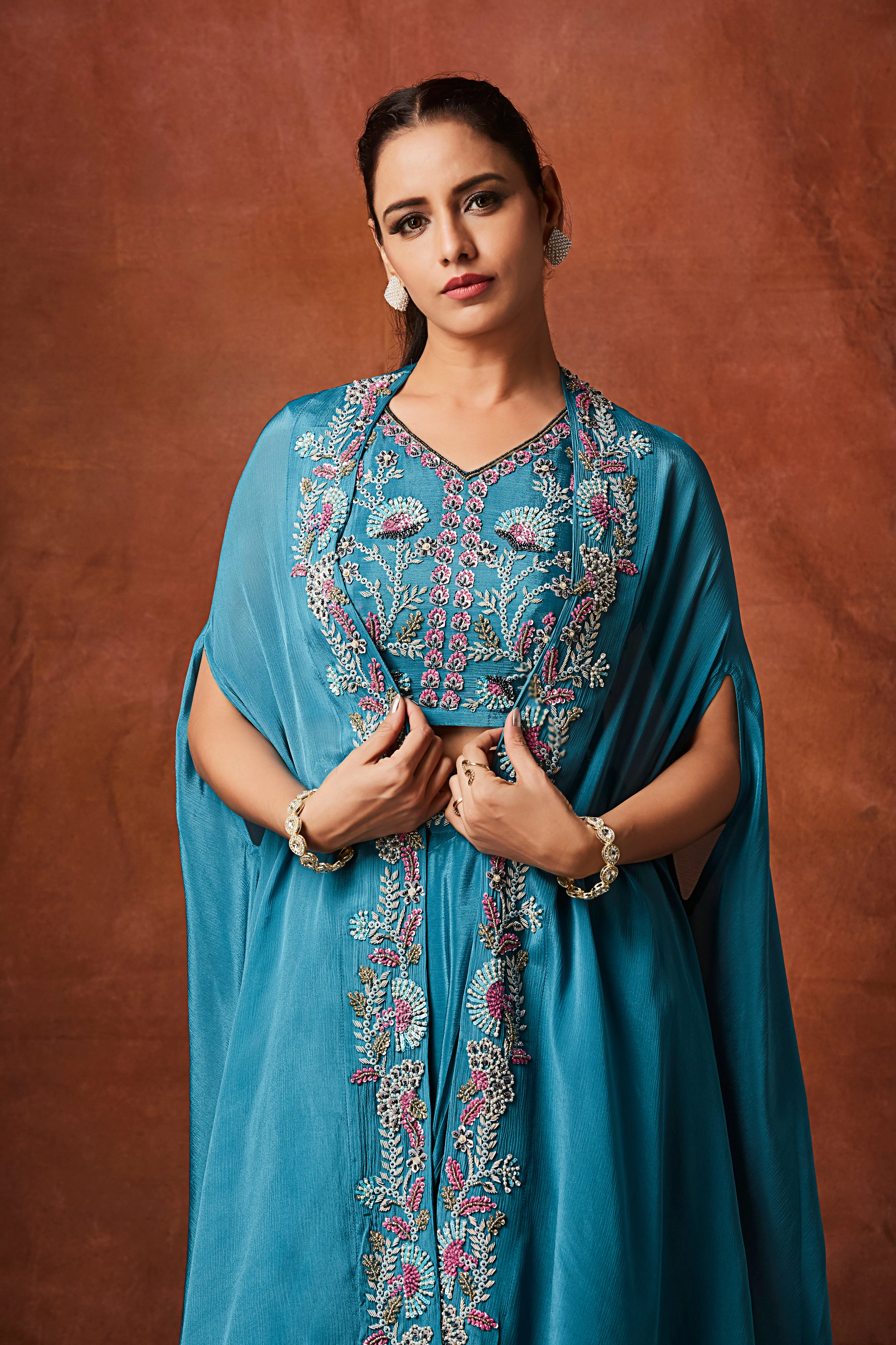 Marine Blue Embellished Chinon Silk Cape Set - Image 2