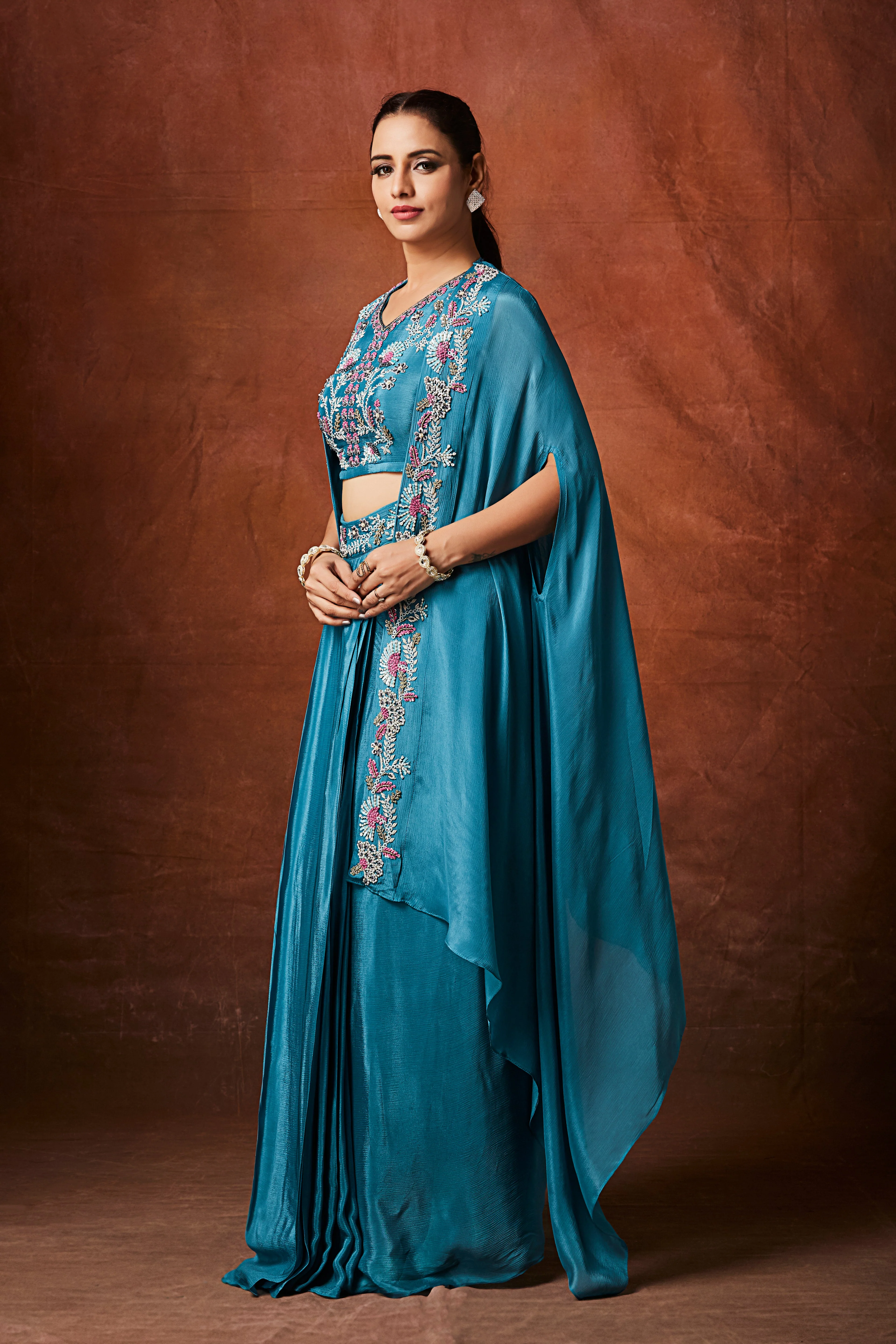 Marine Blue Embellished Chinon Silk Cape Set - Image 3