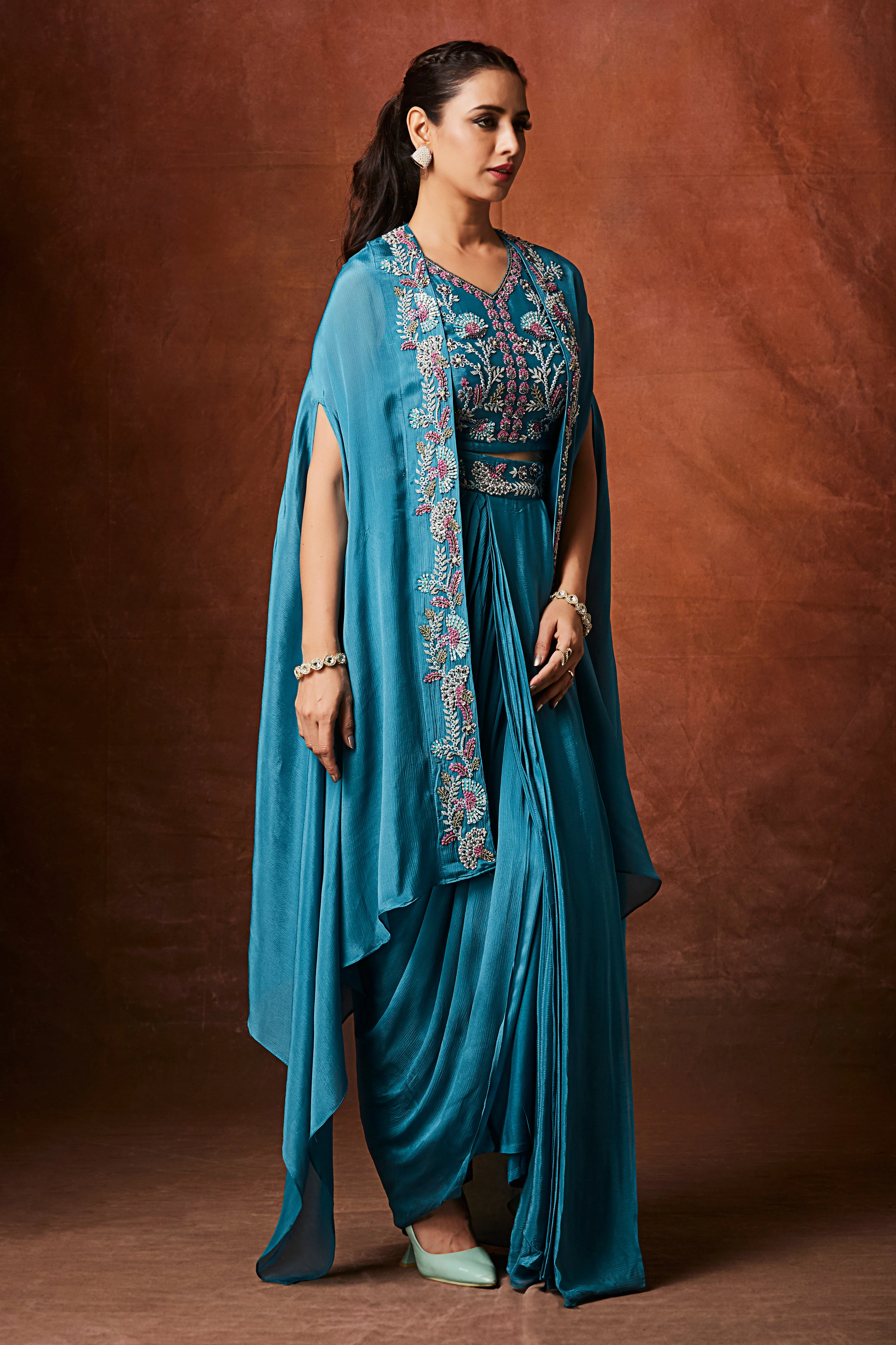 Marine Blue Embellished Chinon Silk Cape Set - Image 4