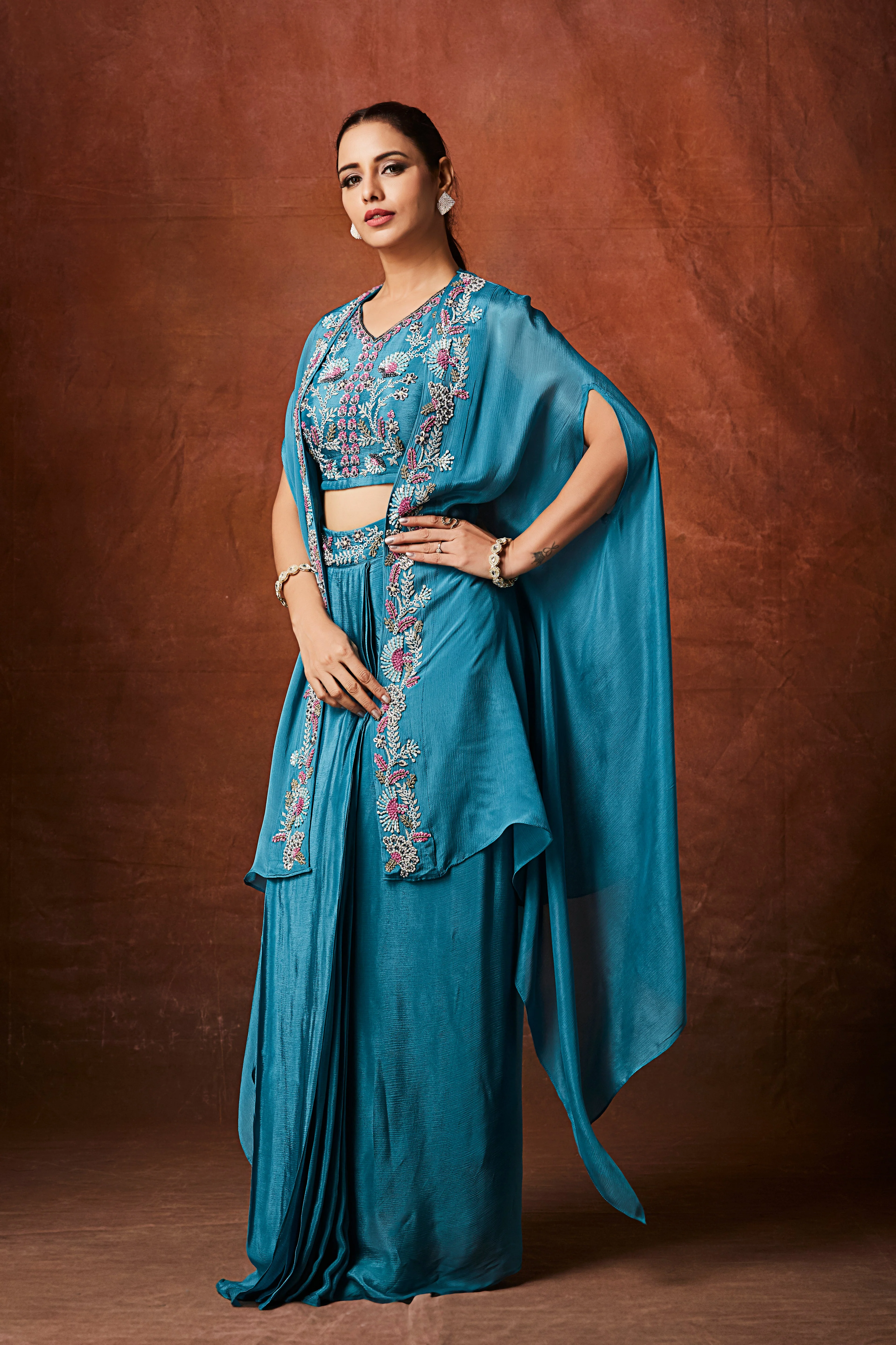 Marine Blue Embellished Chinon Silk Cape Set - Image 5