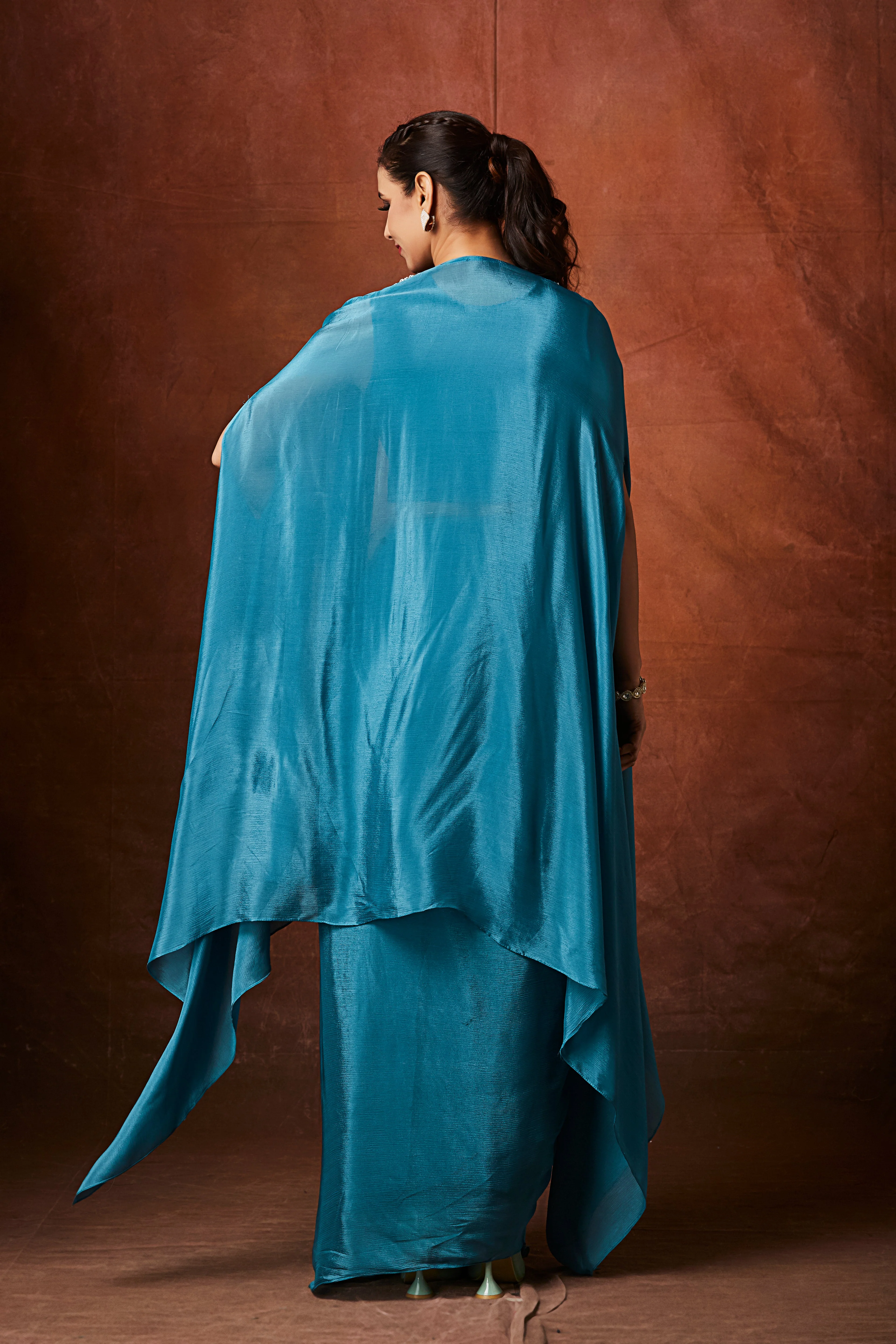 Marine Blue Embellished Chinon Silk Cape Set - Image 6