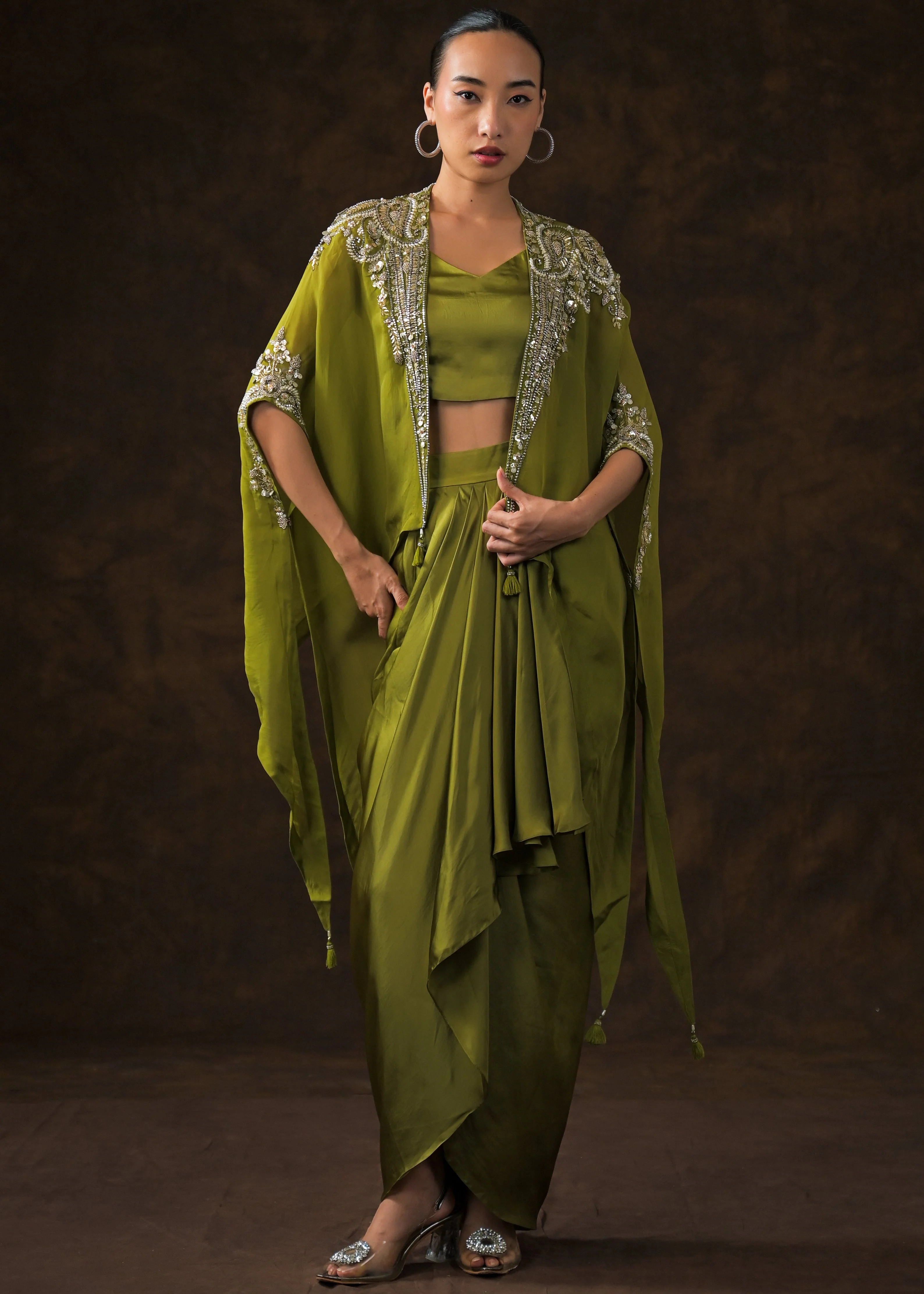 Mehendi Green Embellished Satin Silk Cape Set