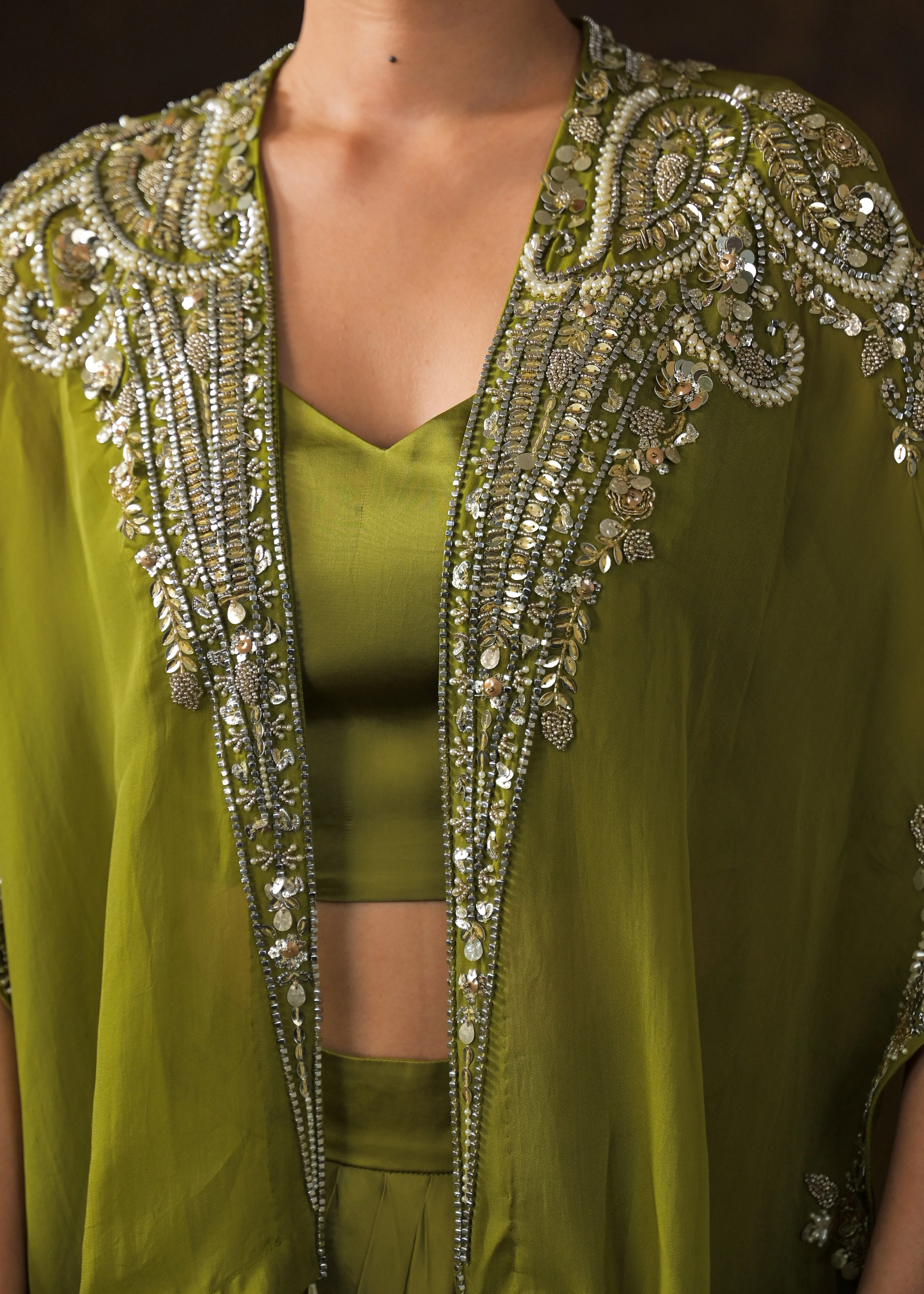 Mehendi Green Embellished Satin Silk Cape Set - Image 2