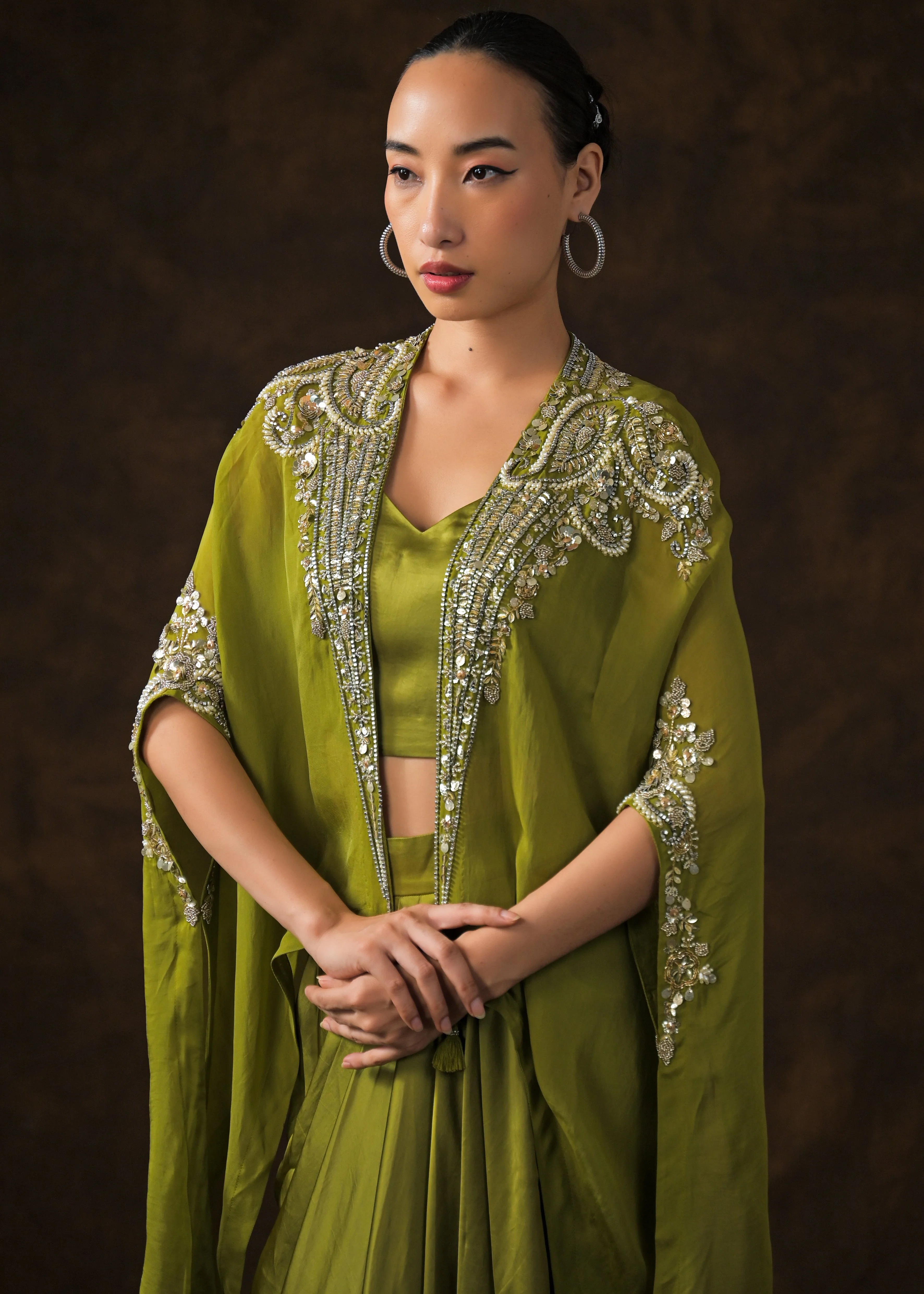 Mehendi Green Embellished Satin Silk Cape Set - Image 3