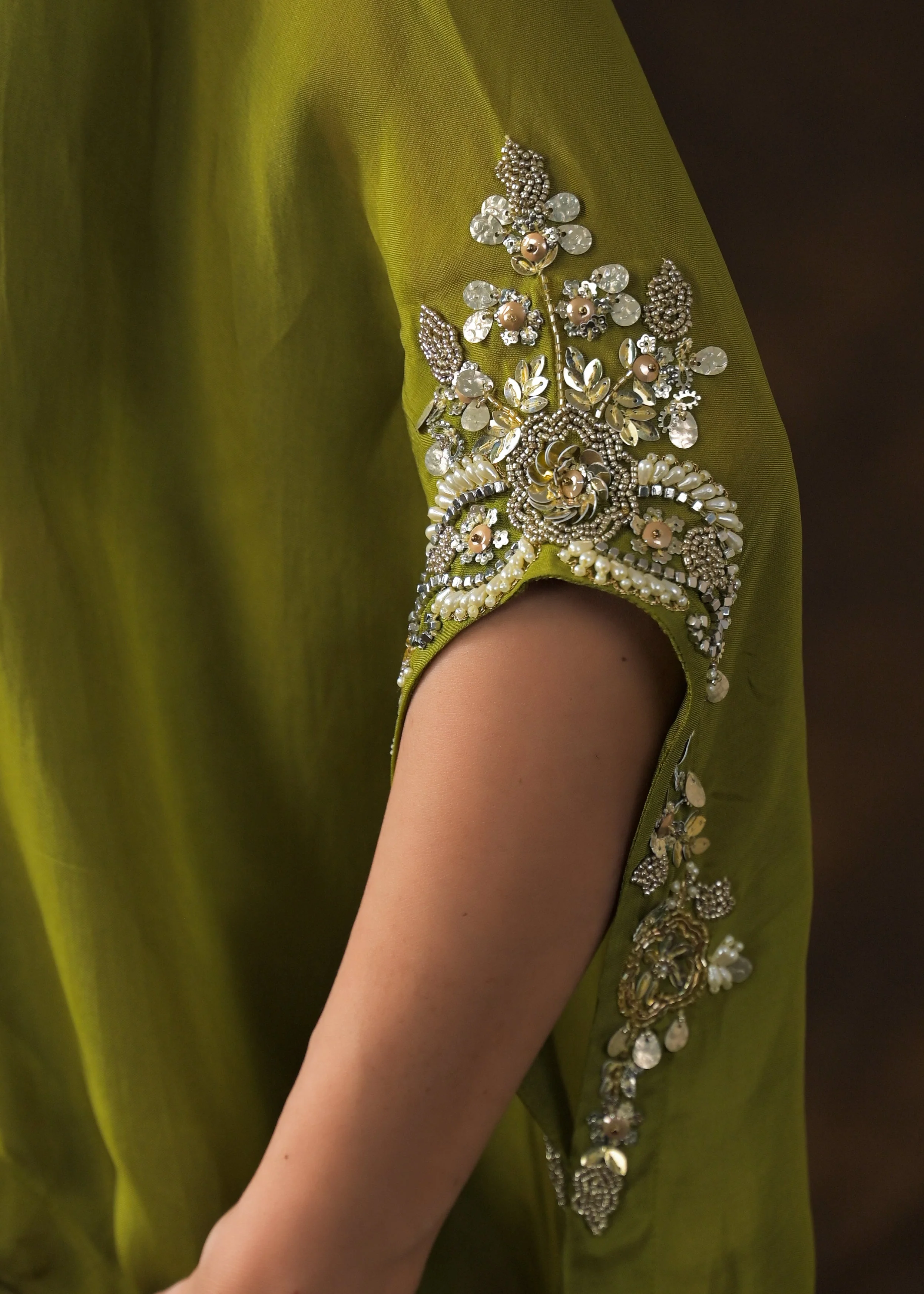 Mehendi Green Embellished Satin Silk Cape Set - Image 4