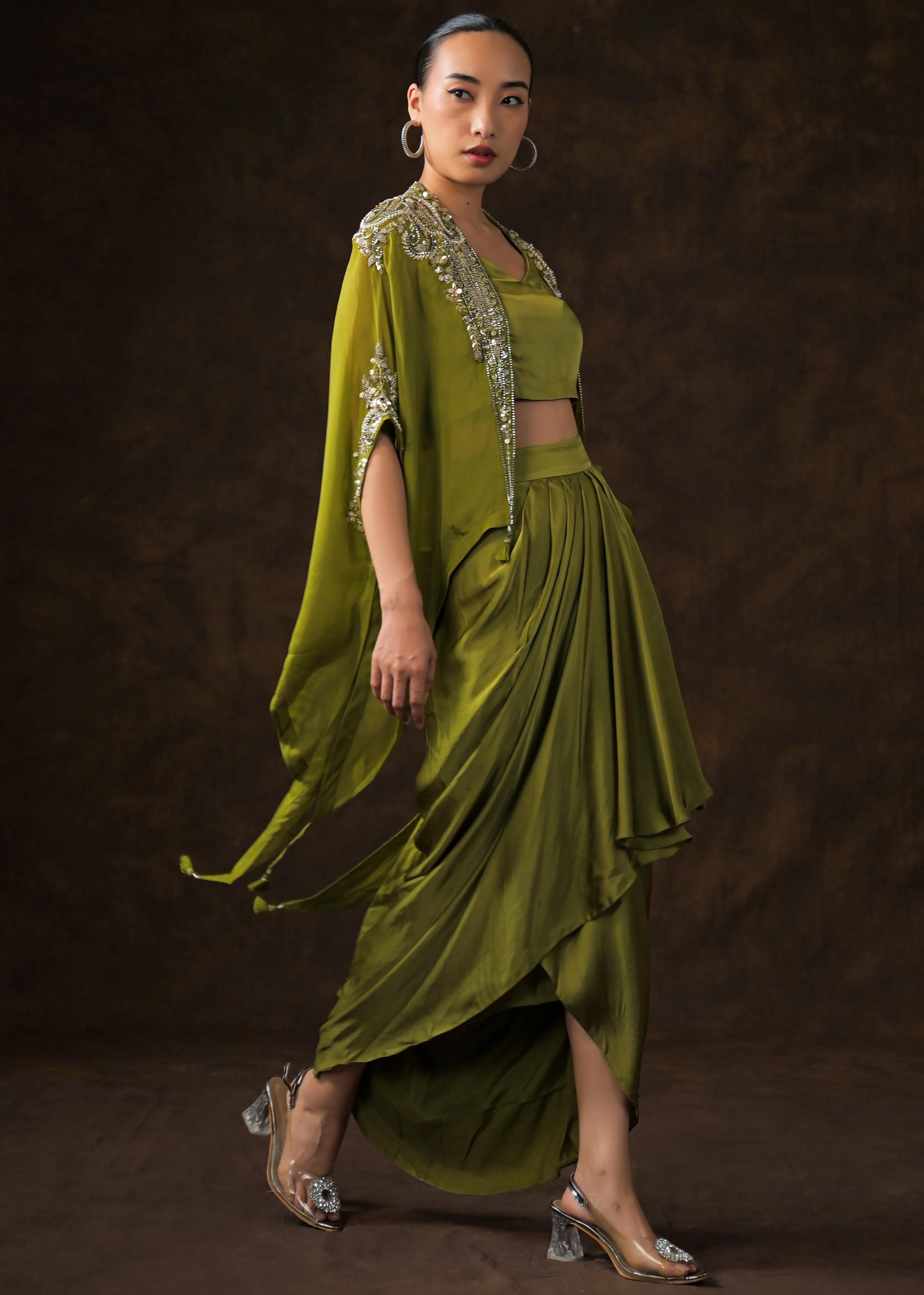 Mehendi Green Embellished Satin Silk Cape Set - Image 5