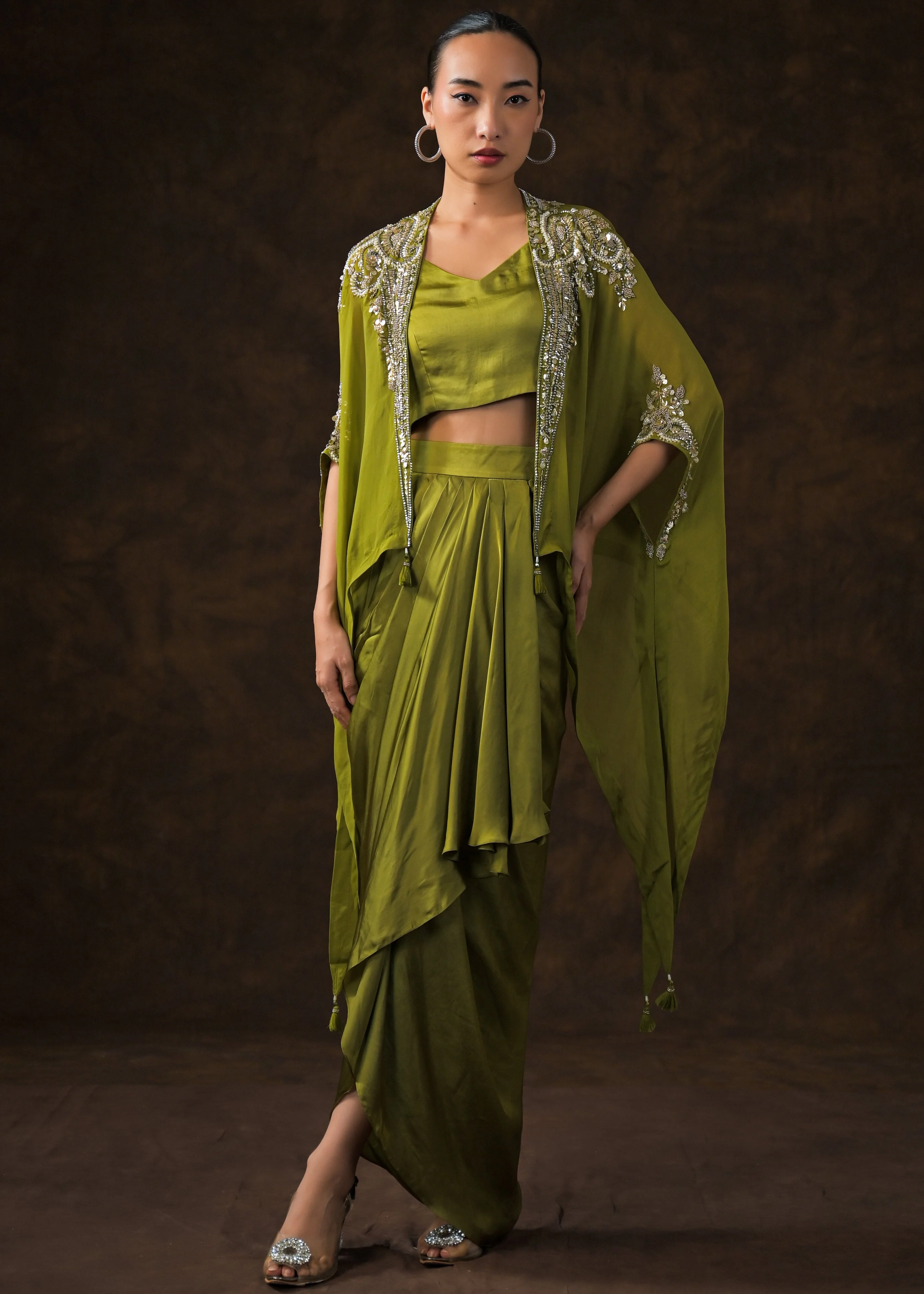 Mehendi Green Embellished Satin Silk Cape Set - Image 6
