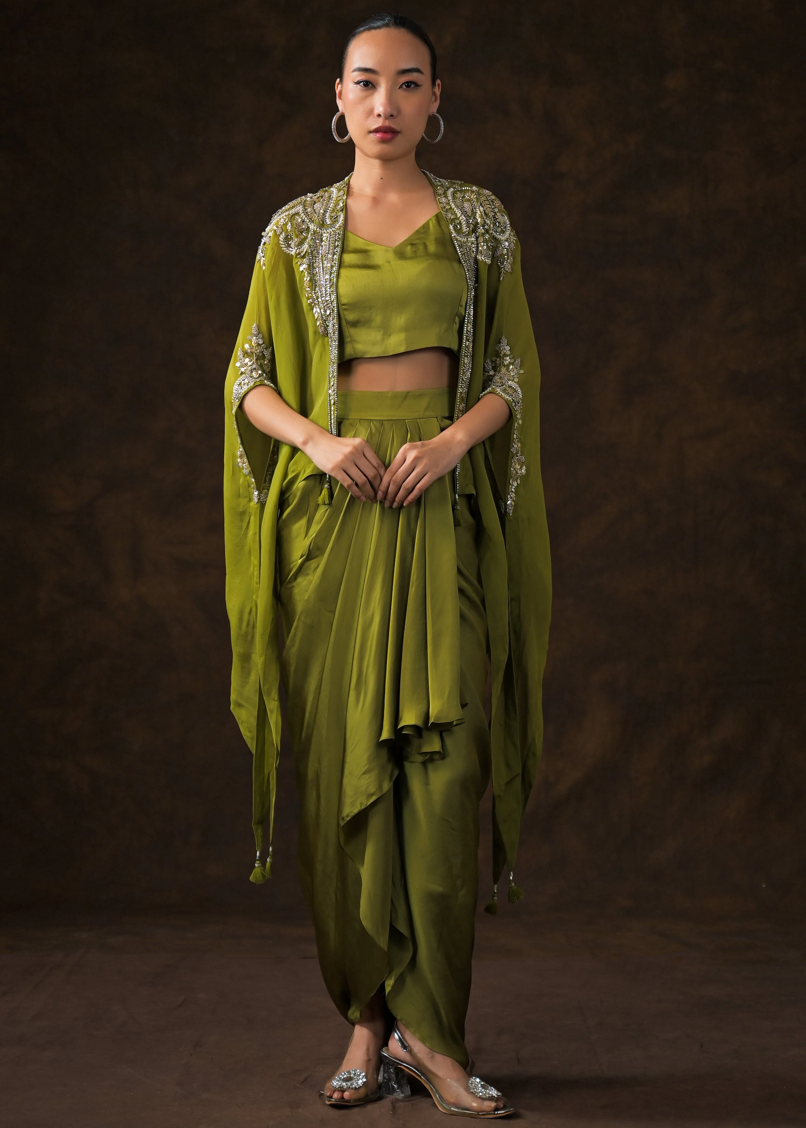 Mehendi Green Embellished Satin Silk Cape Set - Image 7