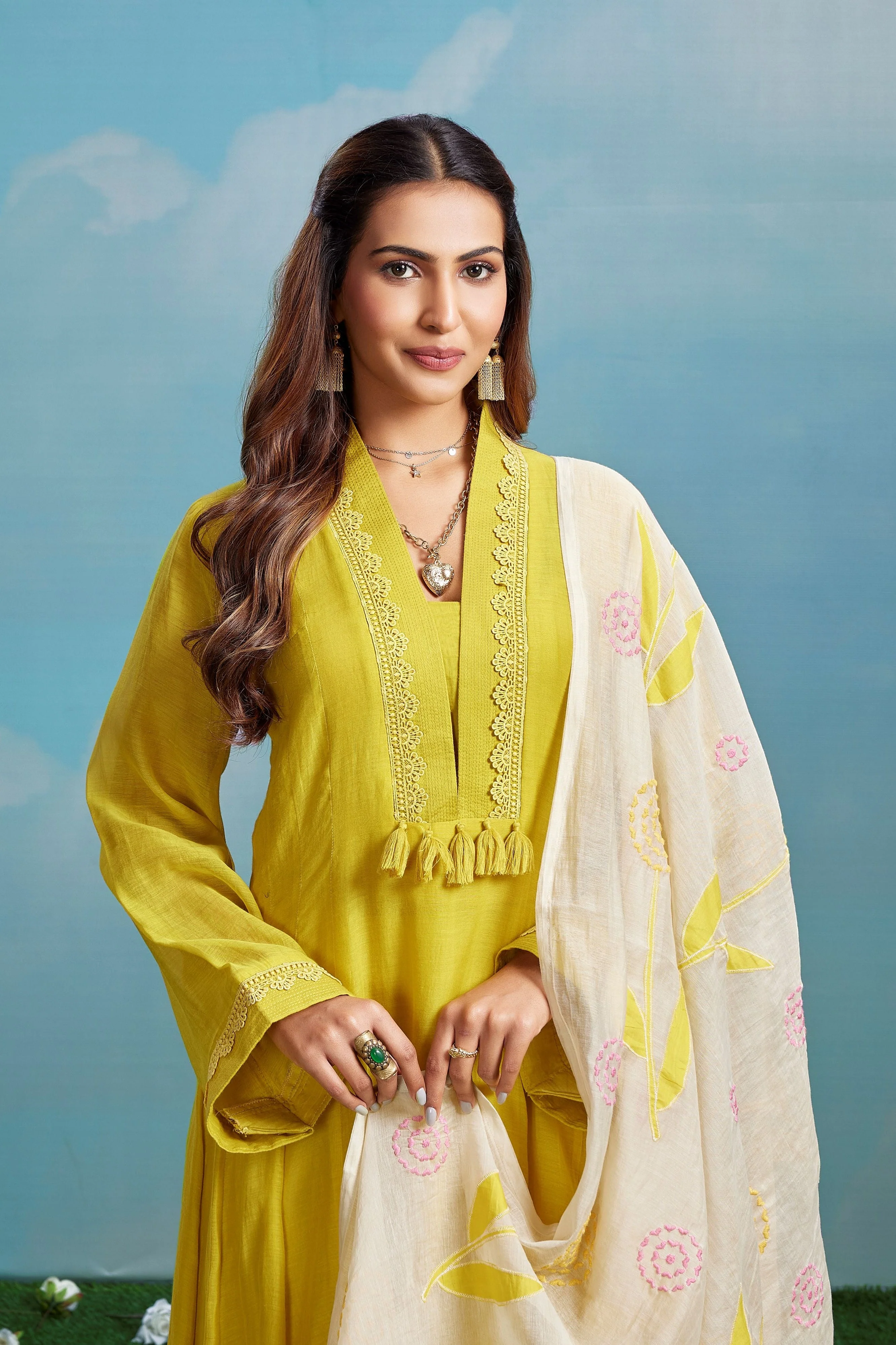 Citrine Yellow Embroidered Chanderi Silk Anarkali Set - Image 2