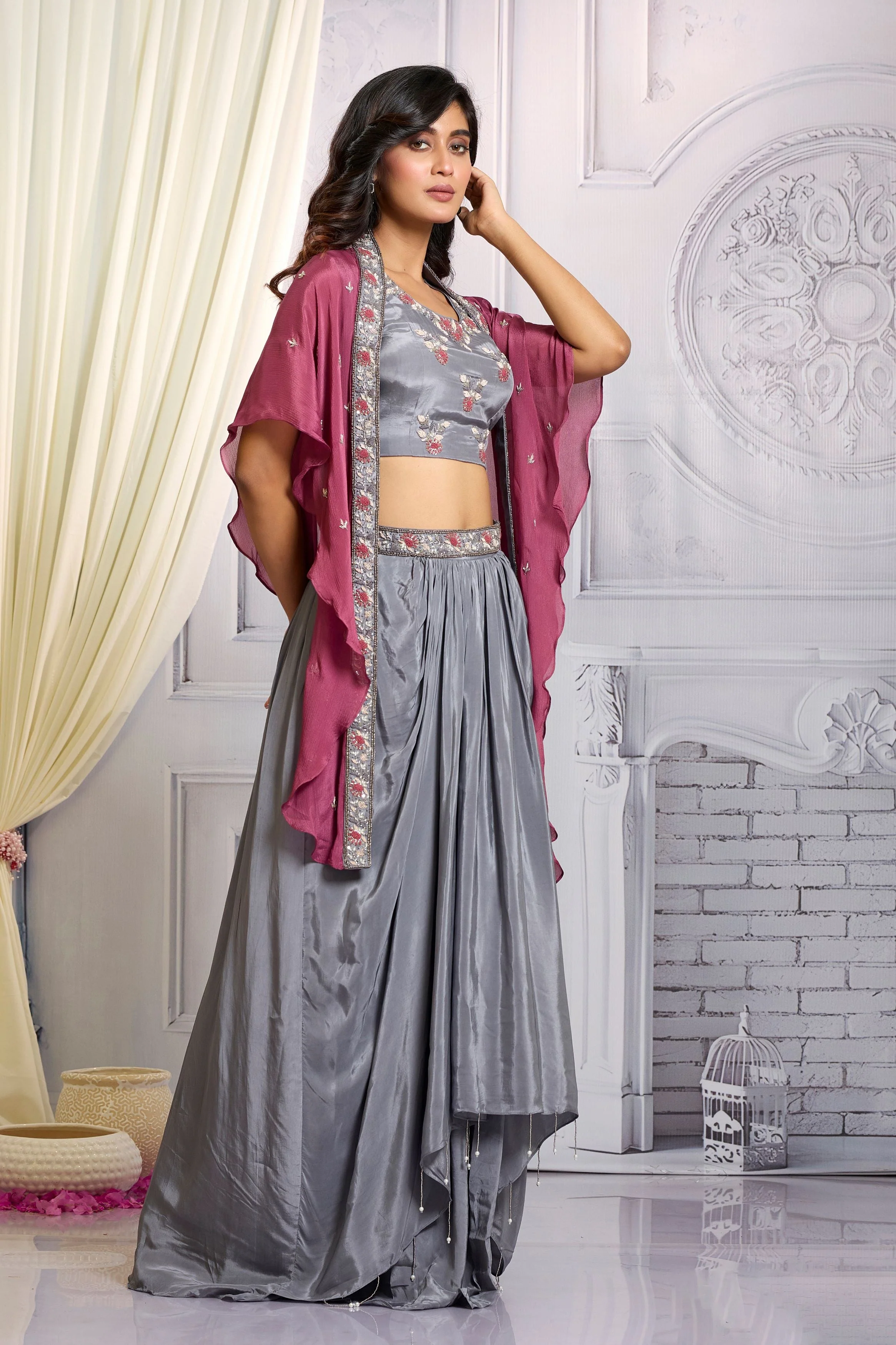 Metallic Silver  Embellished Chinon Silk Cape Set - Image 3