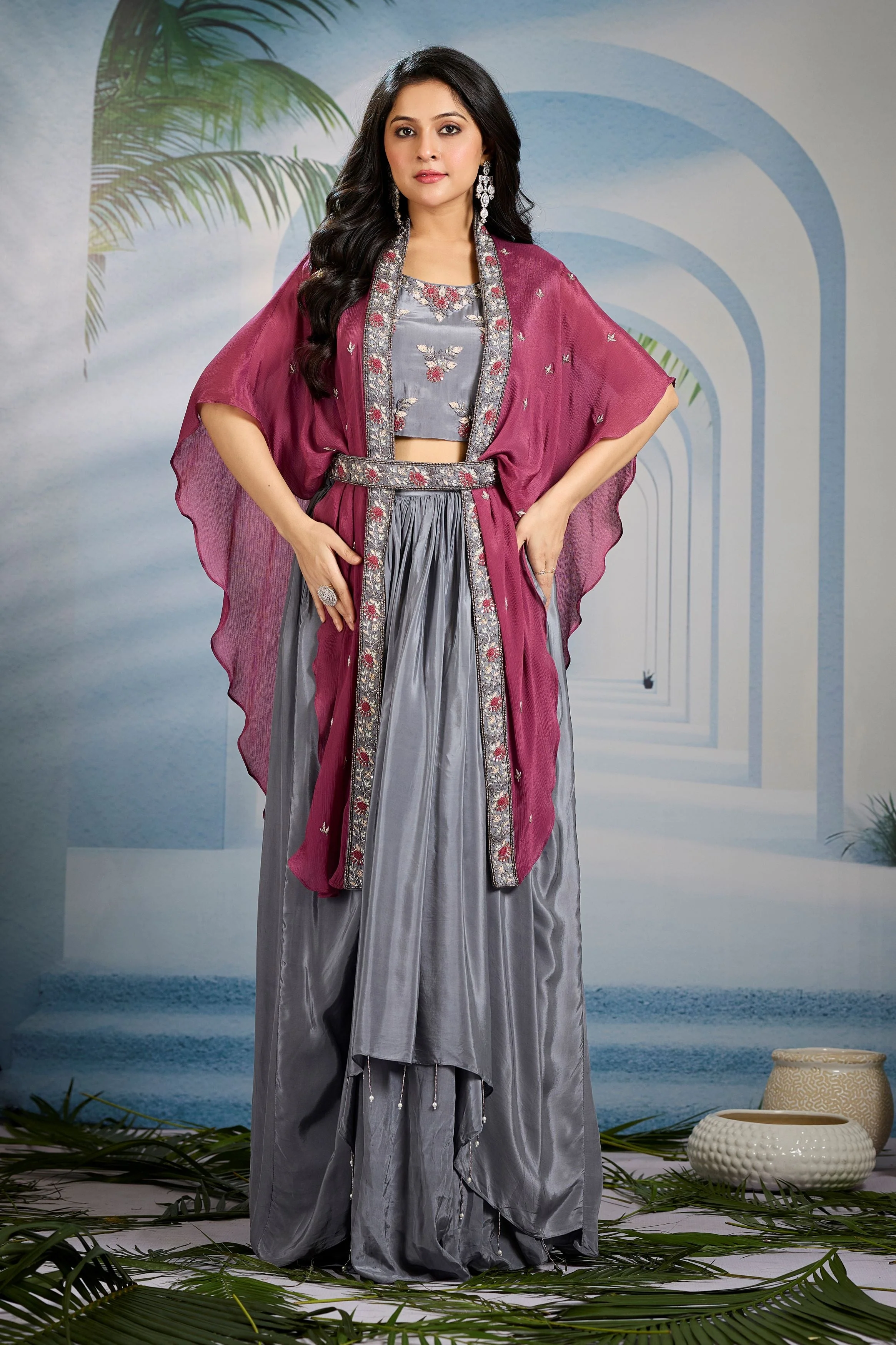 Metallic Silver  Embellished Chinon Silk Cape Set - Image 5